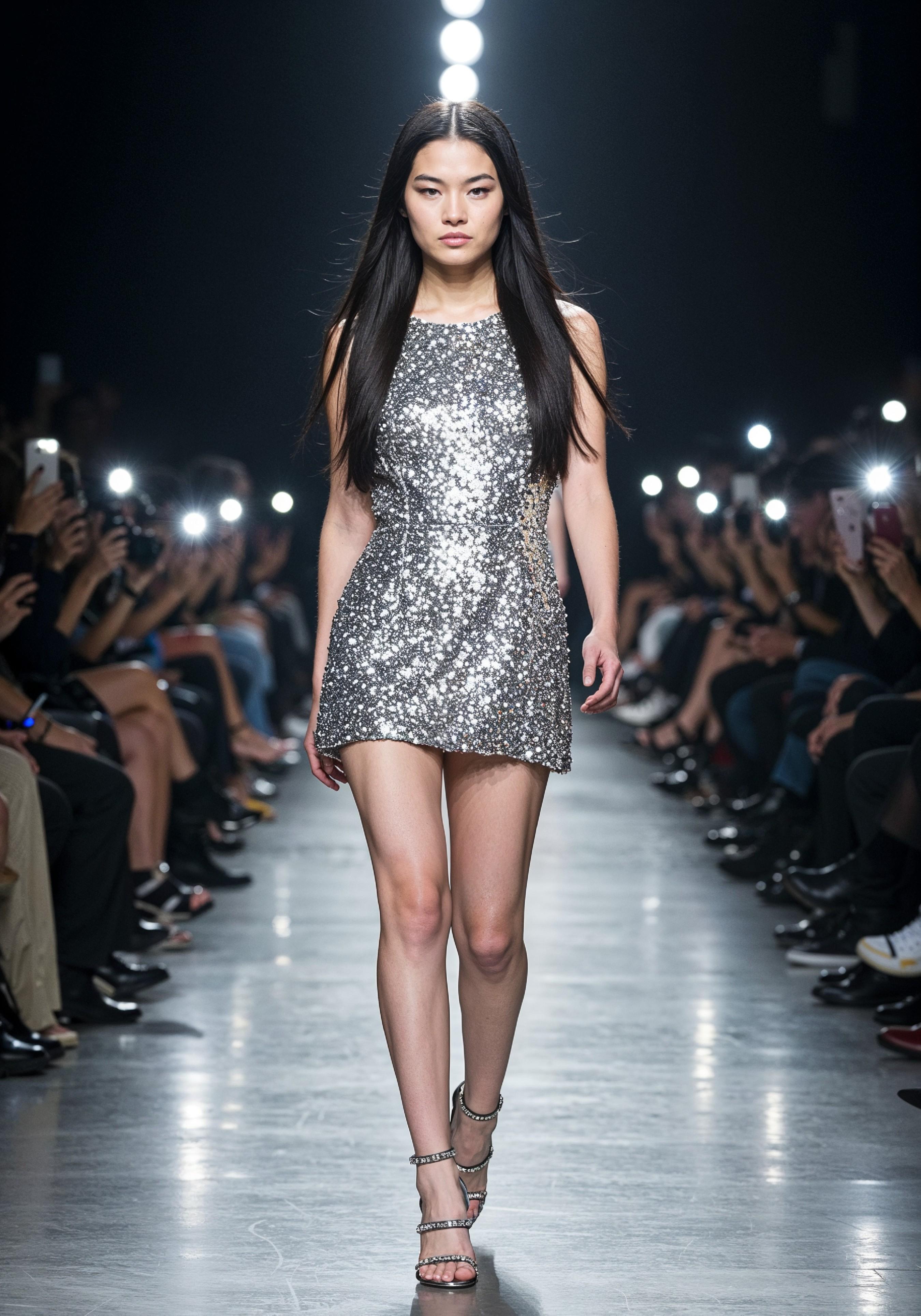 Fashion Model Walking on Runway During Luxury Fashion Show with Stage Lights and Audience