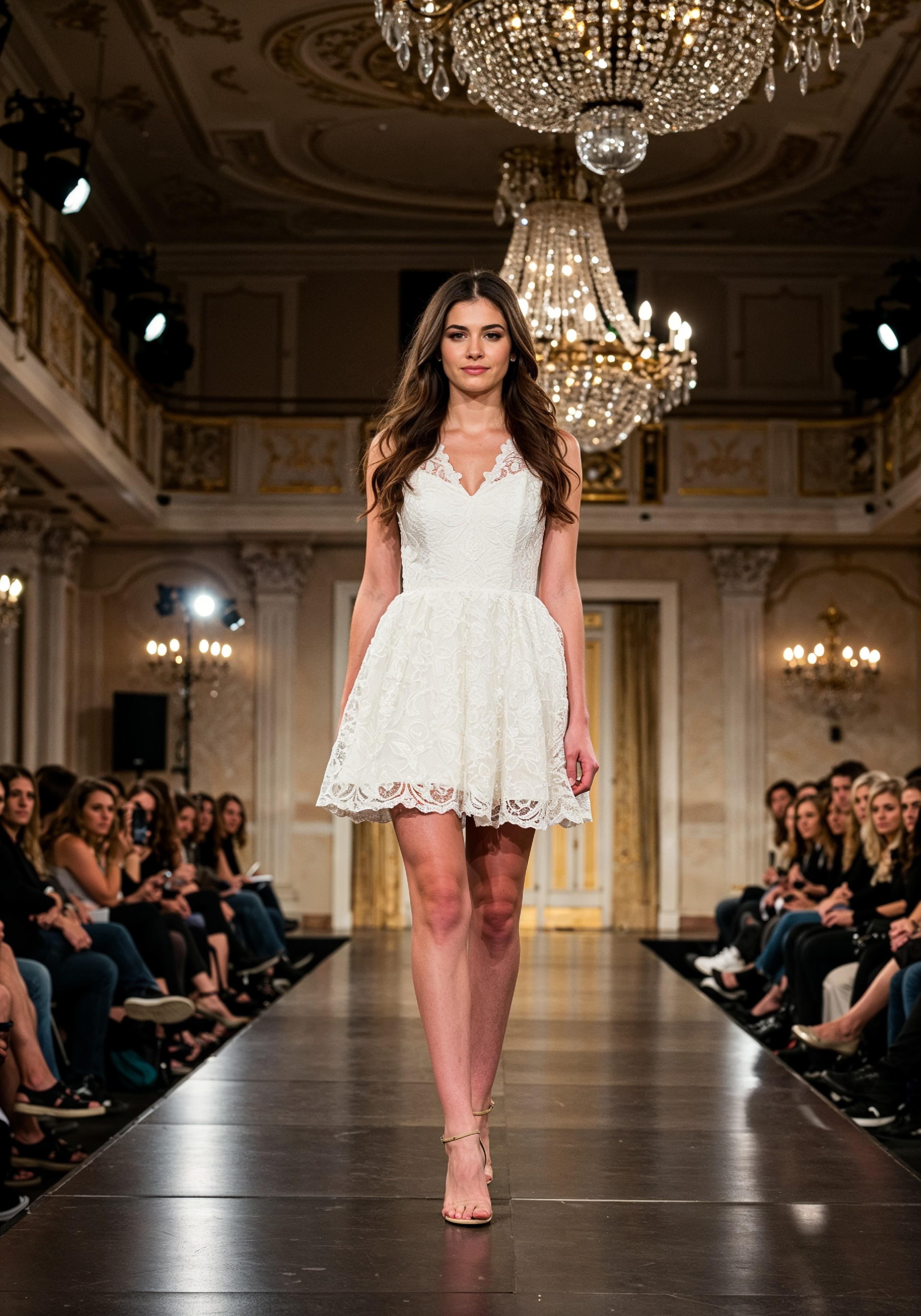 Fashion Model Walking on Runway During Luxury Fashion Show with Stage Lights and Audience