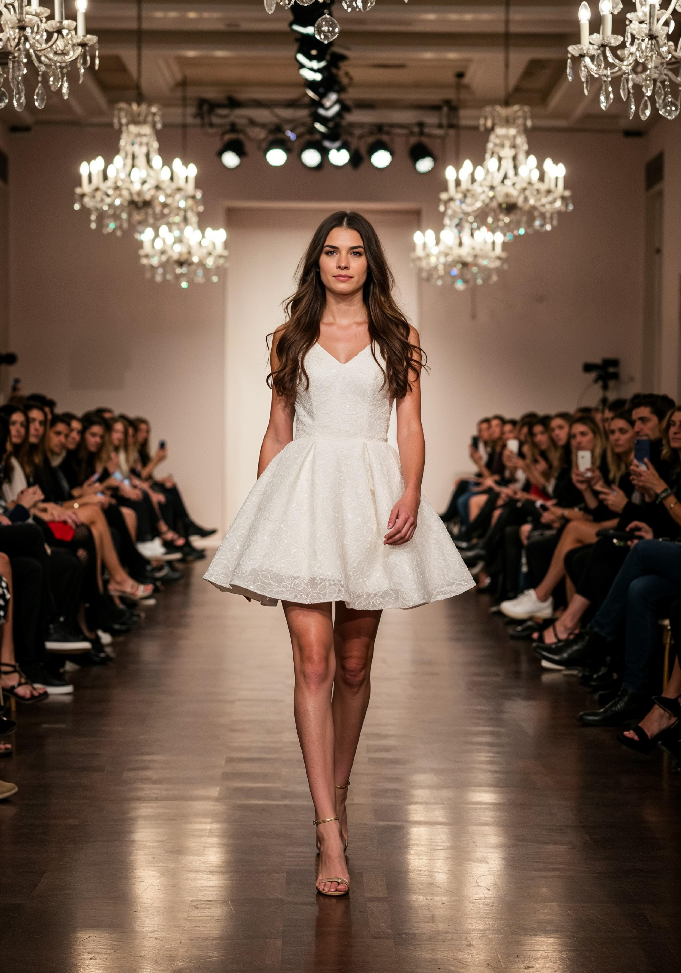 Fashion Model Walking on Runway During Luxury Fashion Show with Stage Lights and Audience