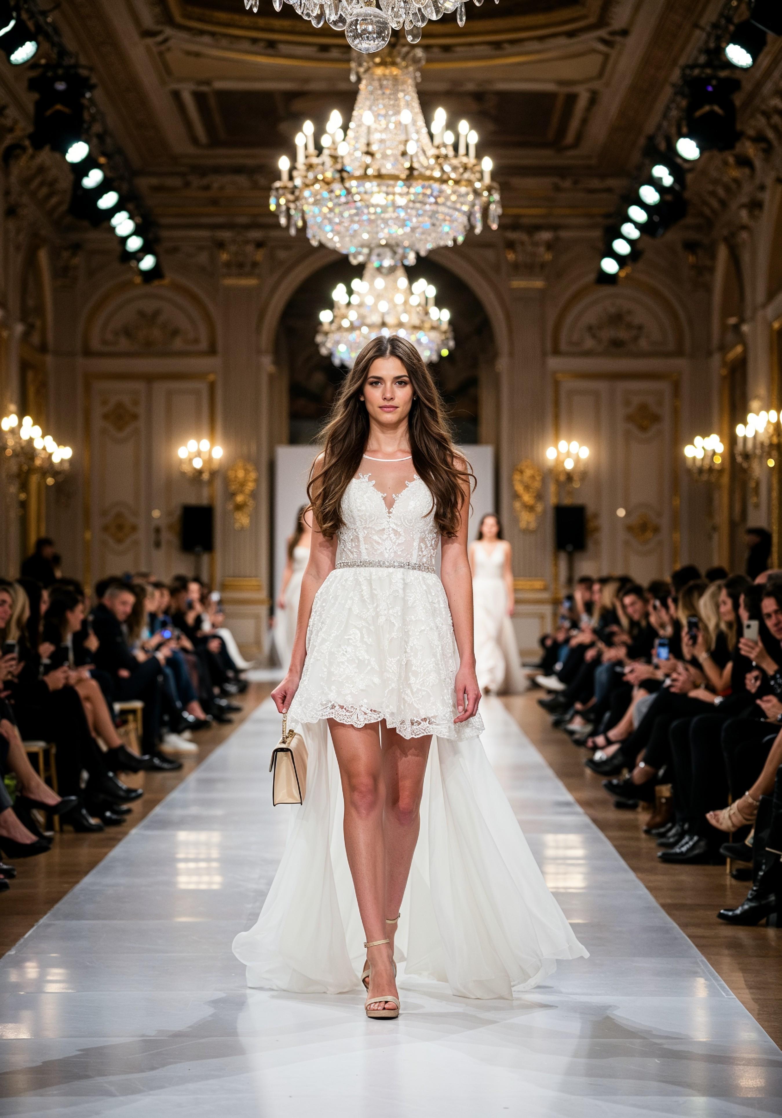Fashion Model Walking on Runway During Luxury Fashion Show with Stage Lights and Audience