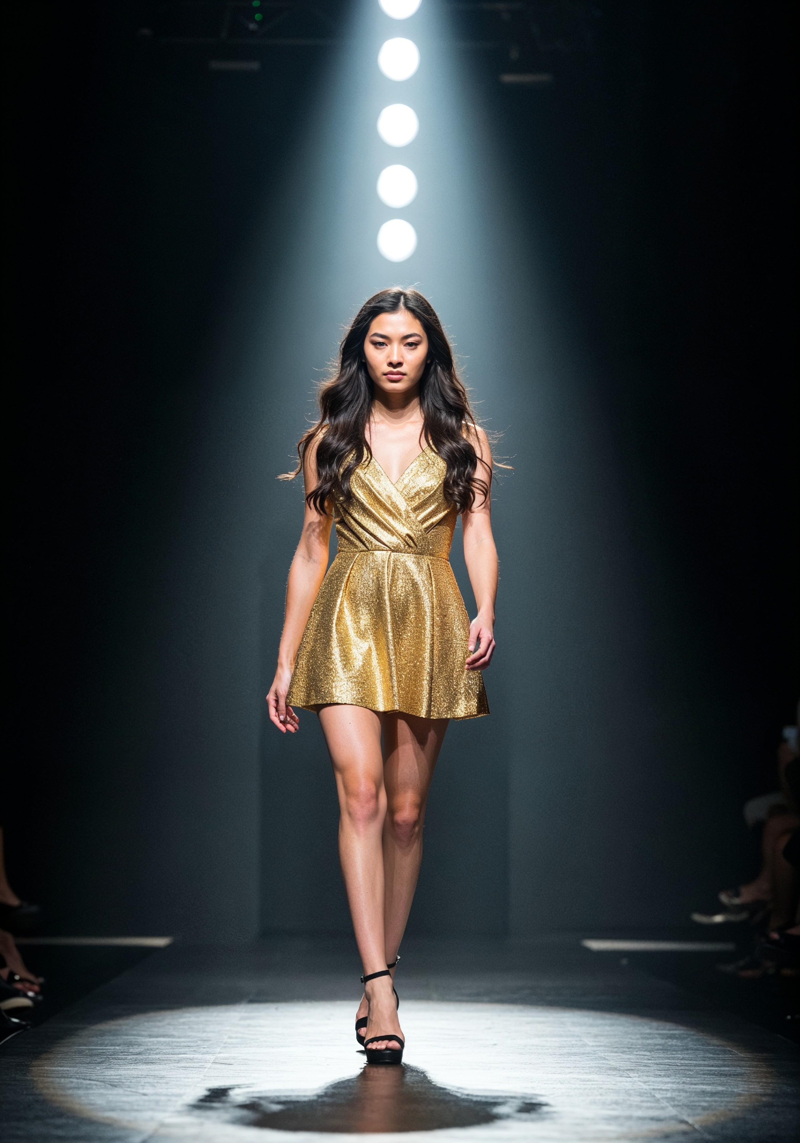 Fashion Model Walking on Runway During Luxury Fashion Show with Stage Lights and Audience