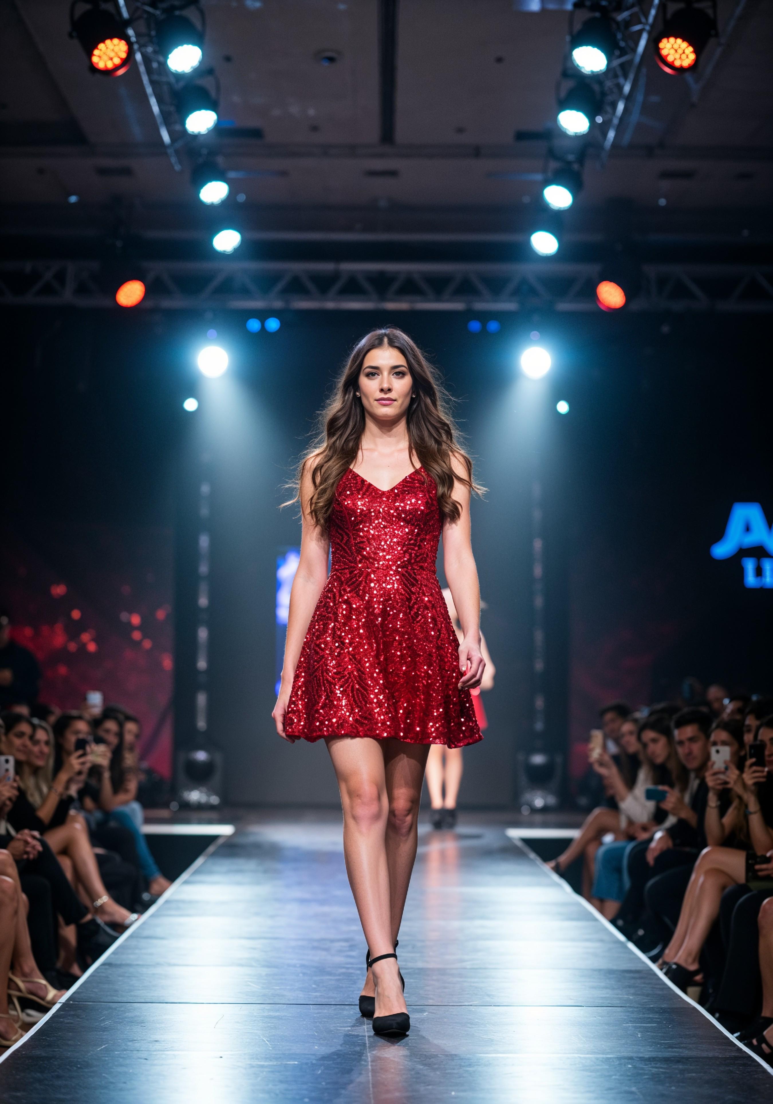 Fashion Model Walking on Runway During Luxury Fashion Show with Stage Lights and Audience