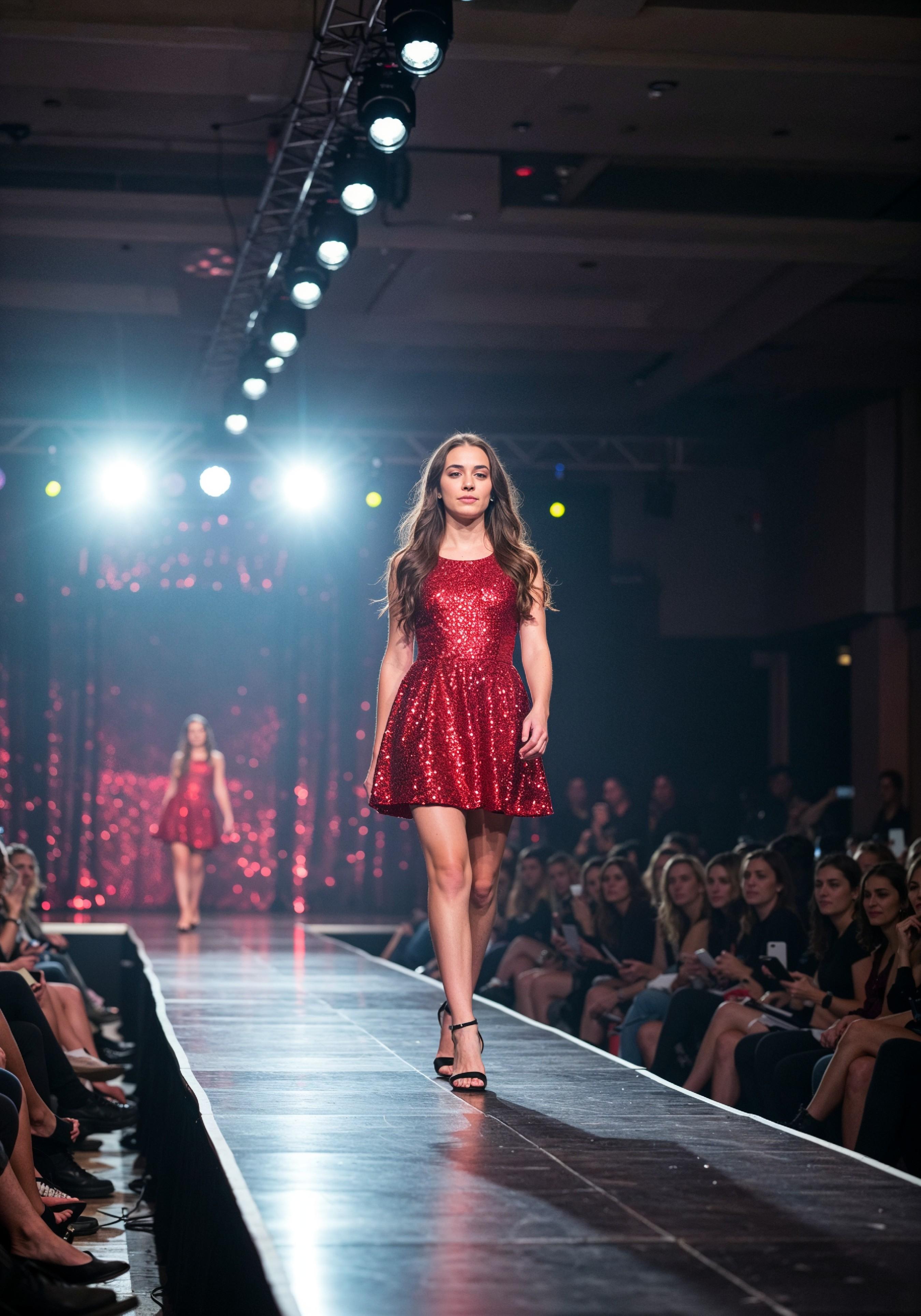 Fashion Model Walking on Runway During Luxury Fashion Show with Stage Lights and Audience