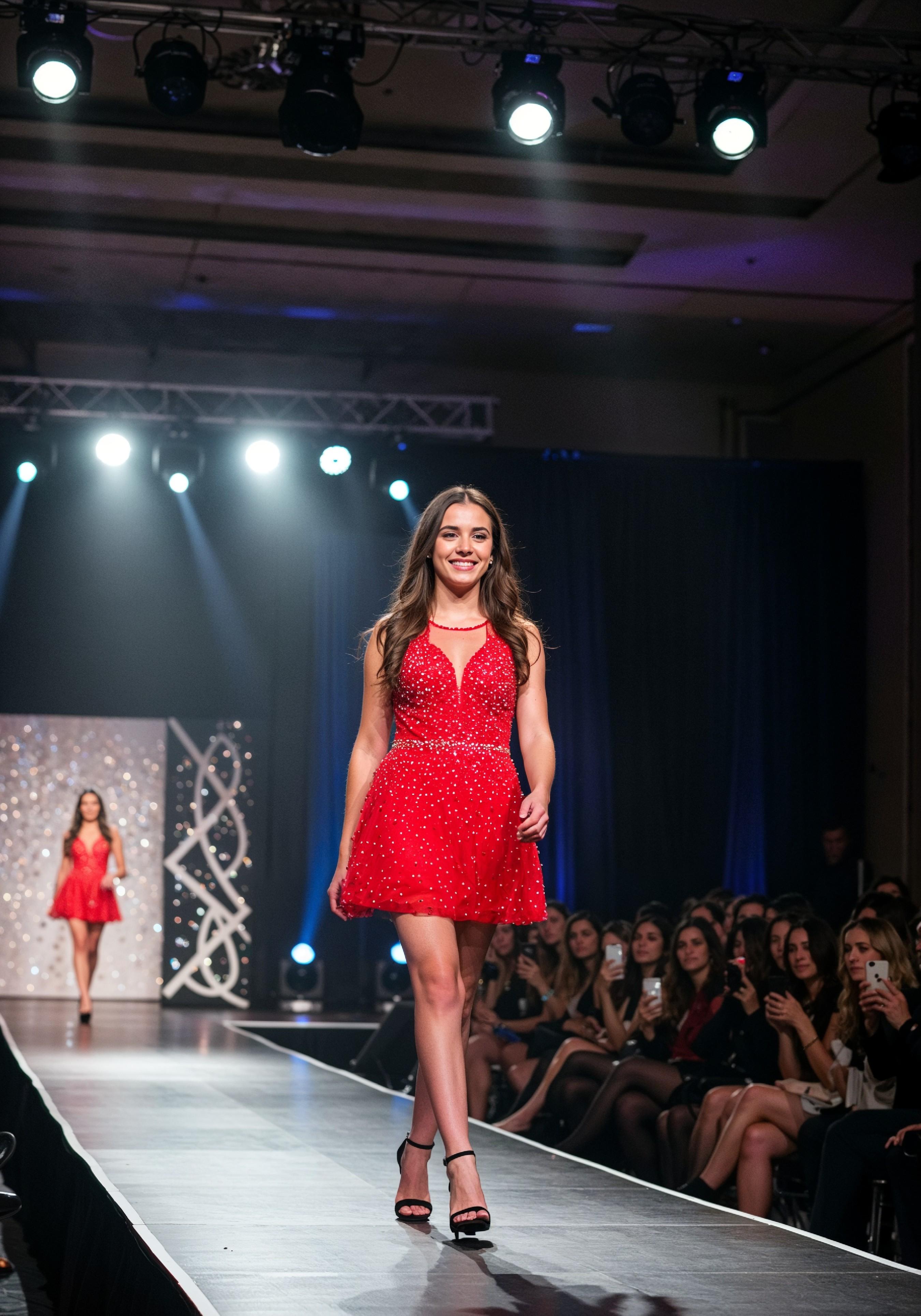 Fashion Model Walking on Runway During Luxury Fashion Show with Stage Lights and Audience