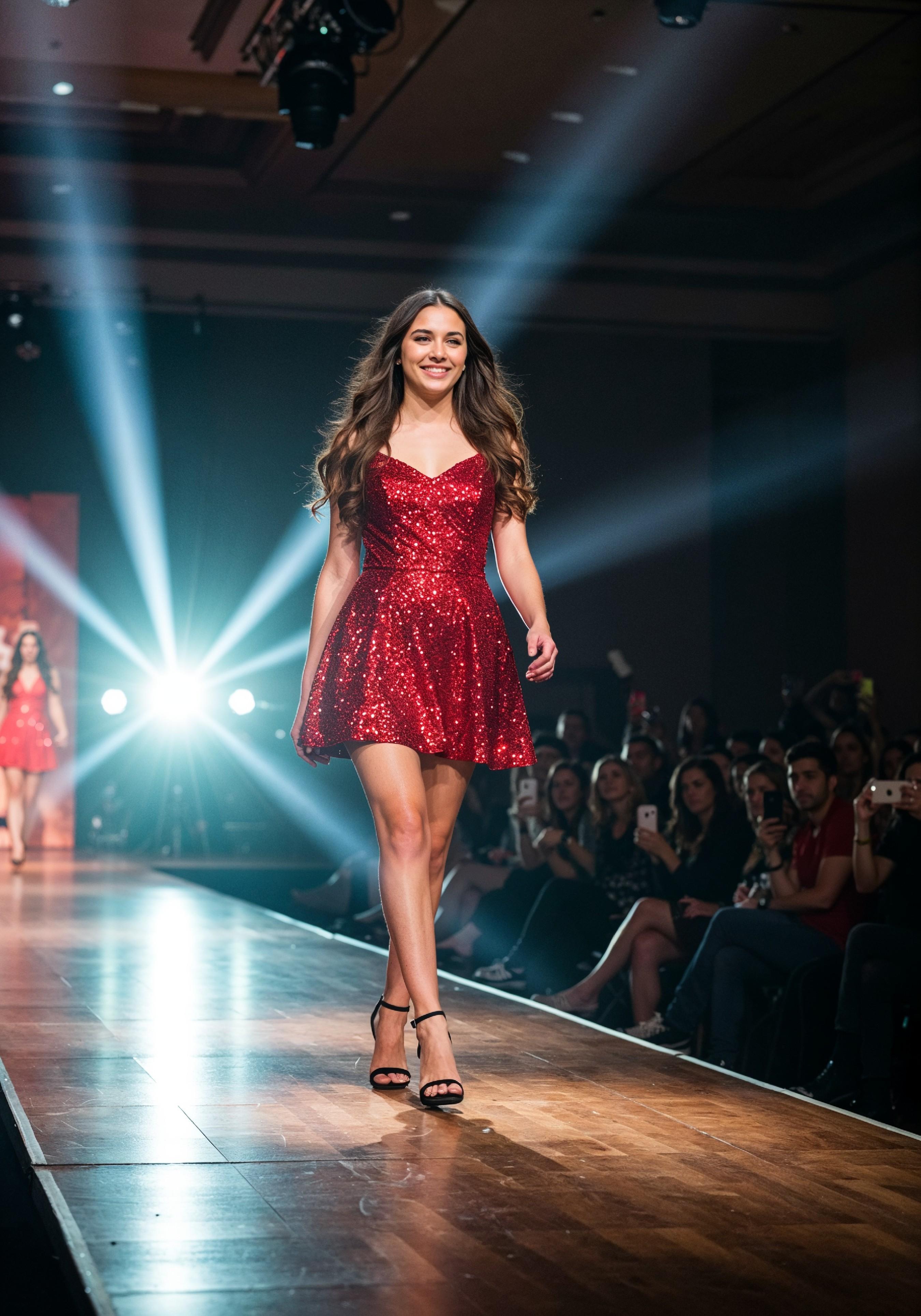 Fashion Model Walking on Runway During Luxury Fashion Show with Stage Lights and Audience