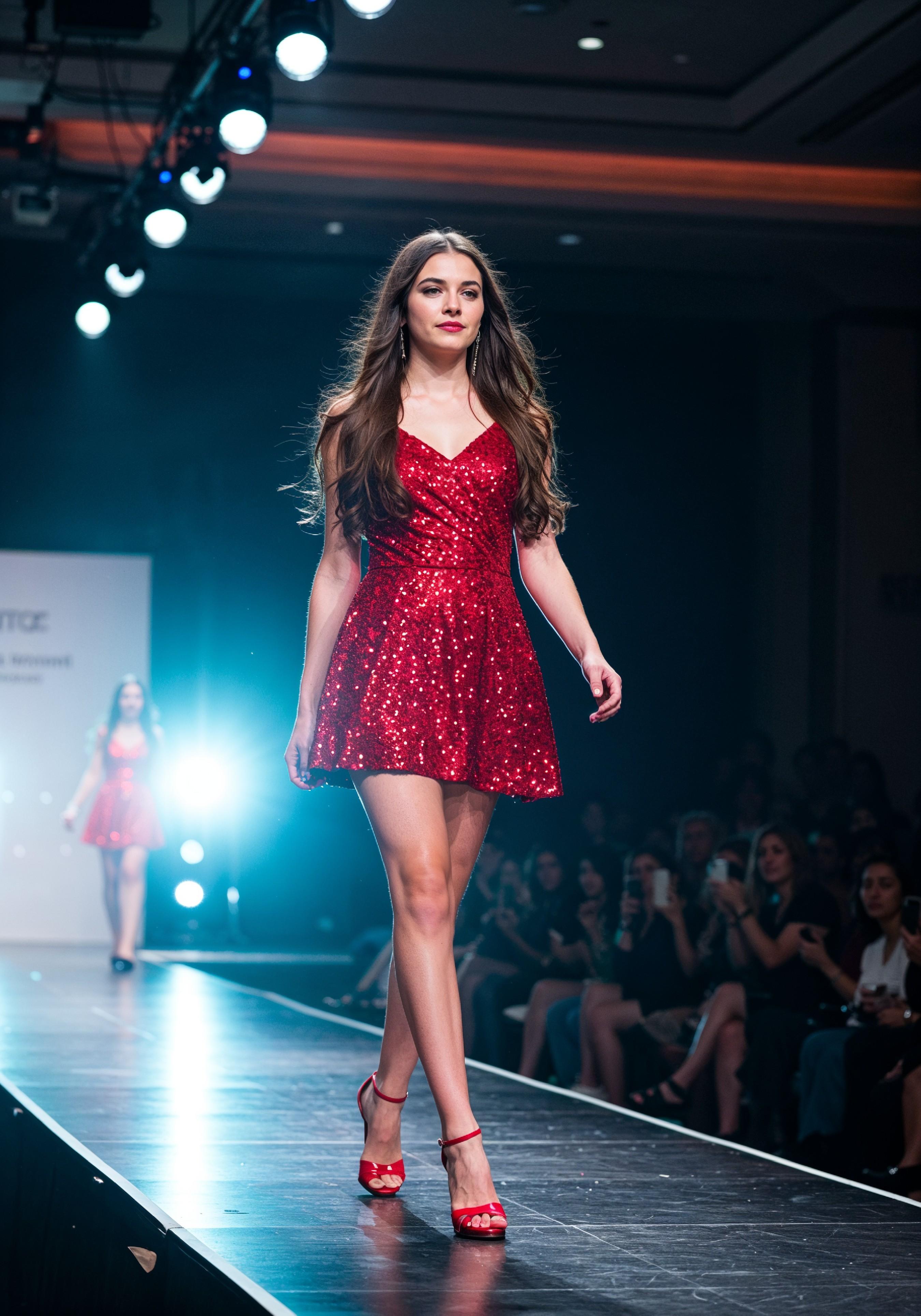 Fashion Model Walking on Runway During Luxury Fashion Show with Stage Lights and Audience