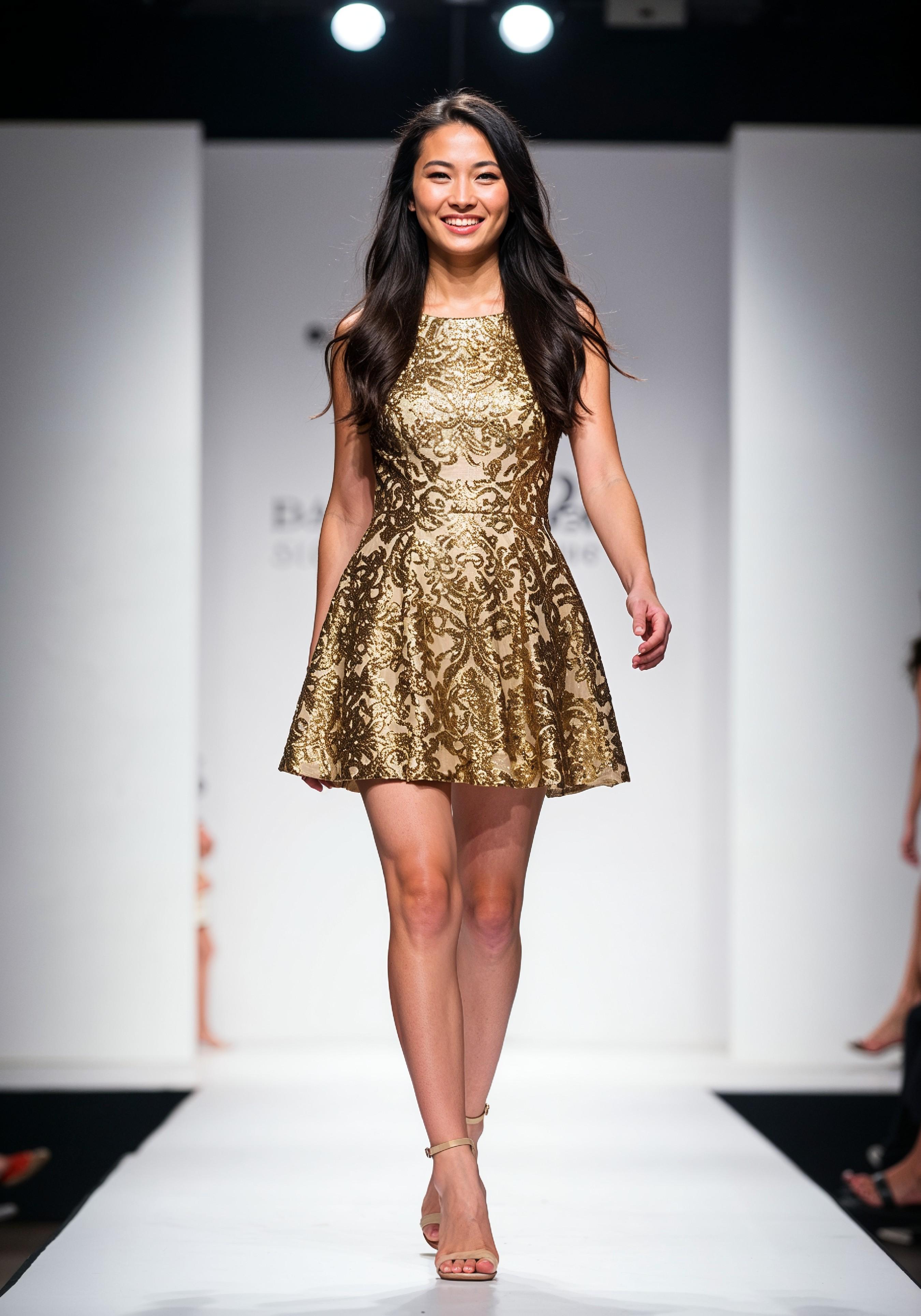 Fashion Model Walking on Runway During Luxury Fashion Show with Stage Lights and Audience