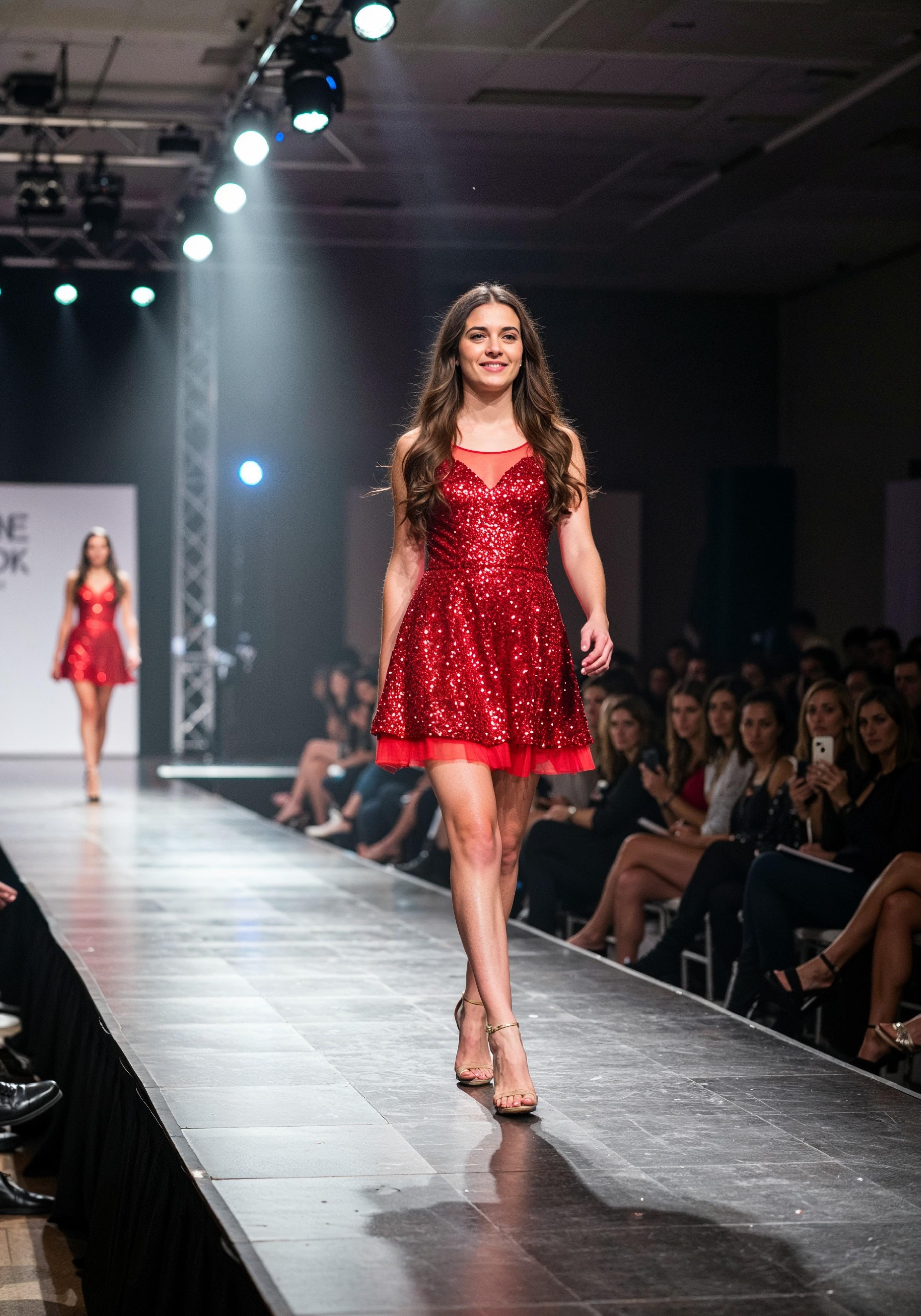Fashion Model Walking on Runway During Luxury Fashion Show with Stage Lights and Audience