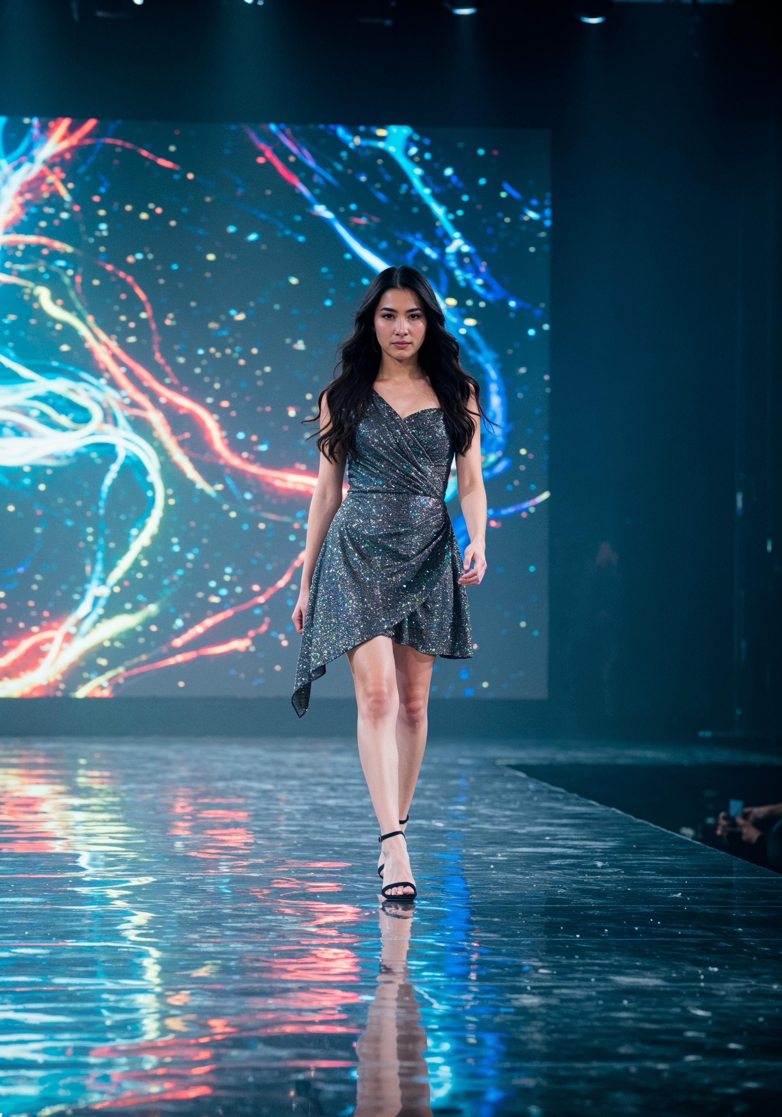 Fashion Model Walking on Runway During Luxury Fashion Show with Stage Lights and Audience