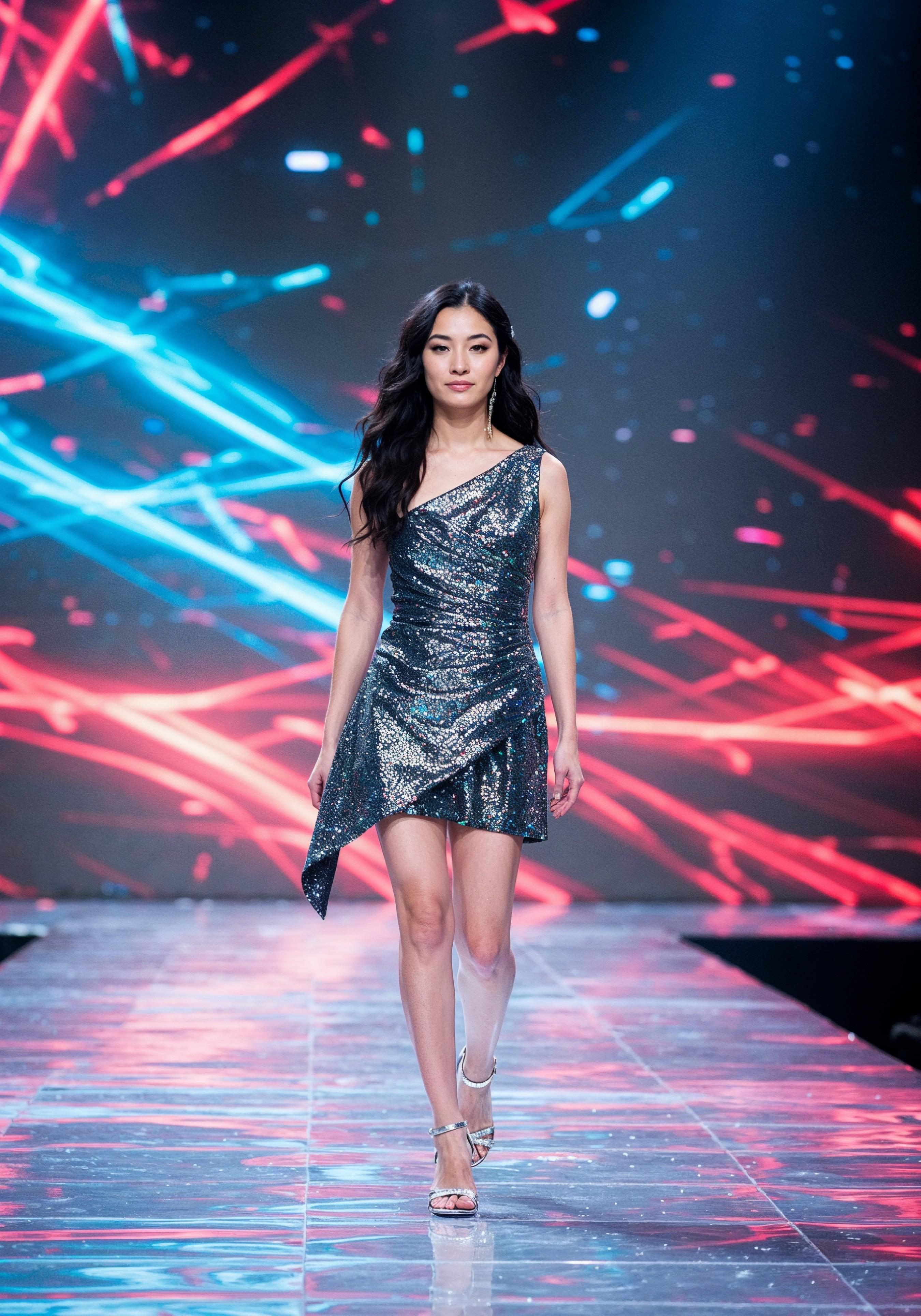 Fashion Model Walking on Runway During Luxury Fashion Show with Stage Lights and Audience