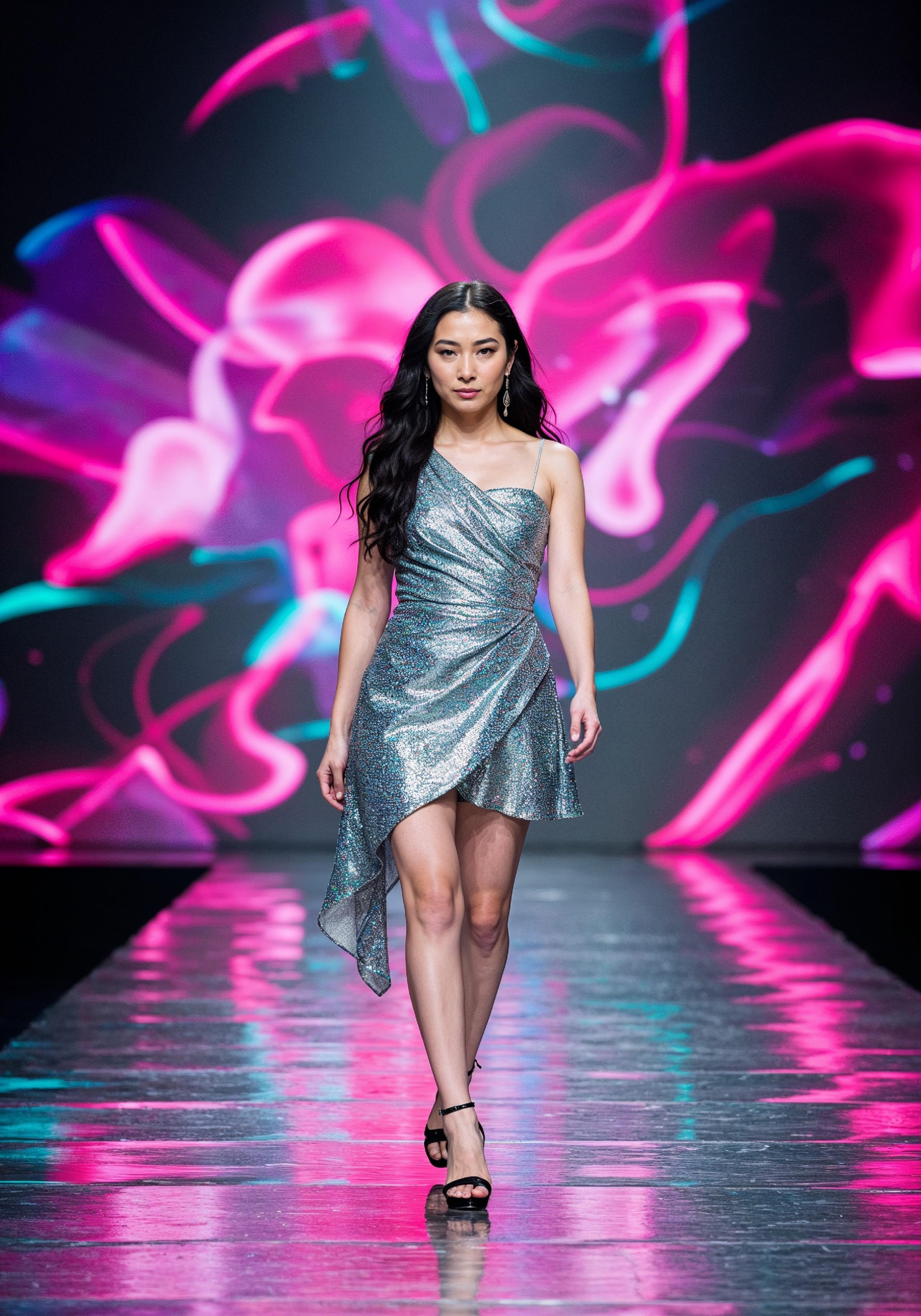Fashion Model Walking on Runway During Luxury Fashion Show with Stage Lights and Audience