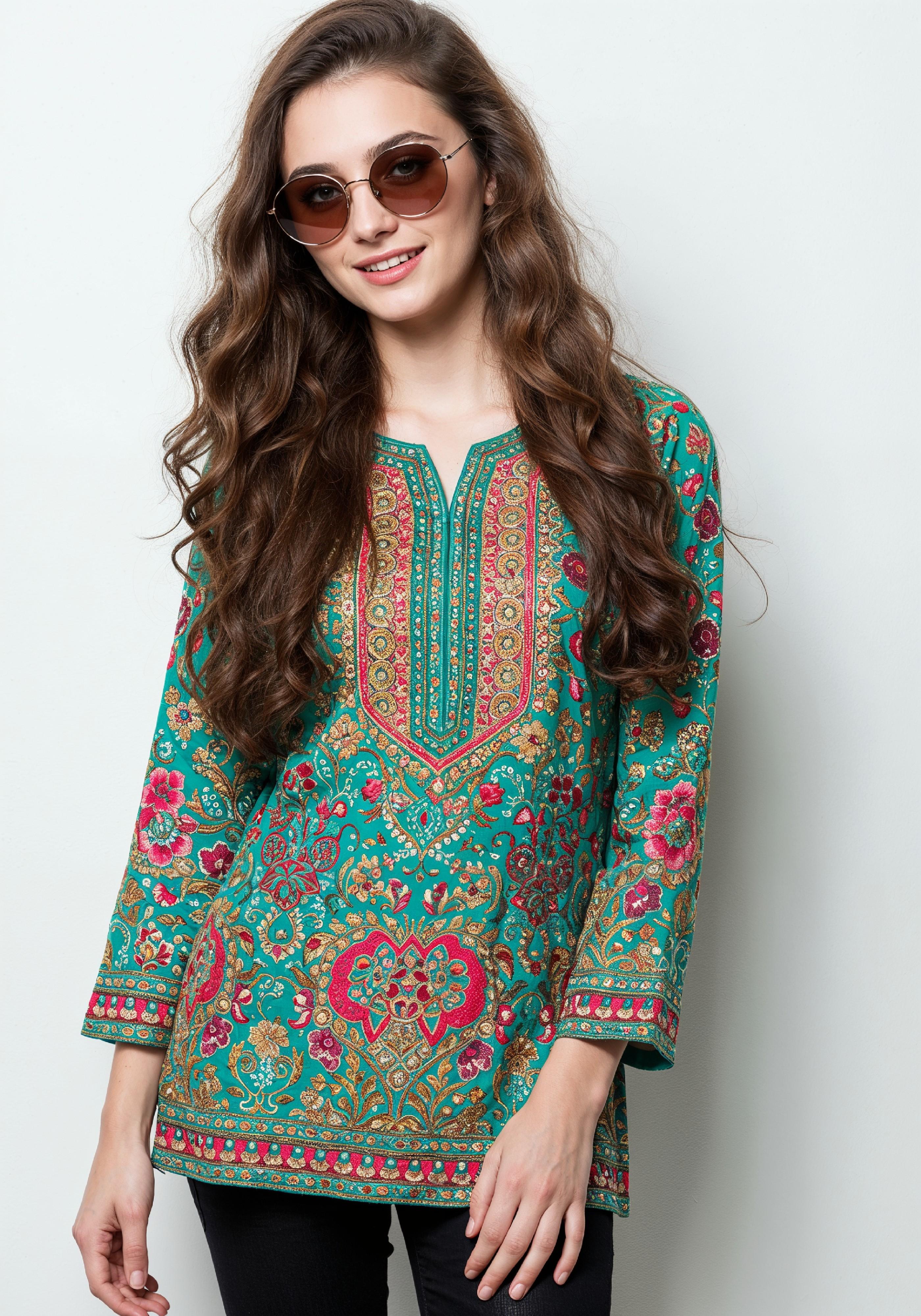 Fashionable Young Woman in Colorful Printed Kurti and Jeans Ethnic Style Portrait