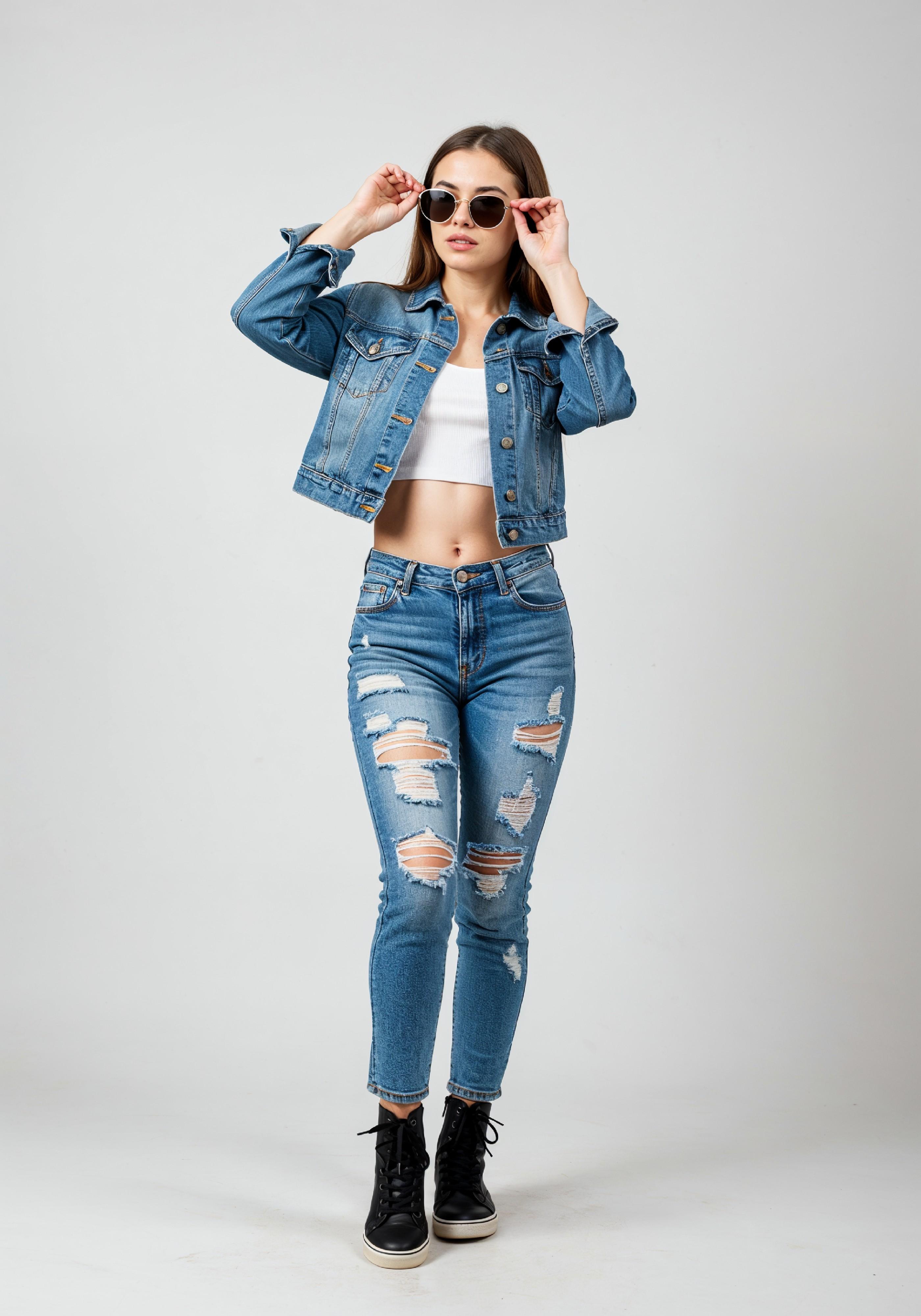 Fashionable Young Woman in Ripped Denim Jeans and Jacket Casual Street Style Portrait