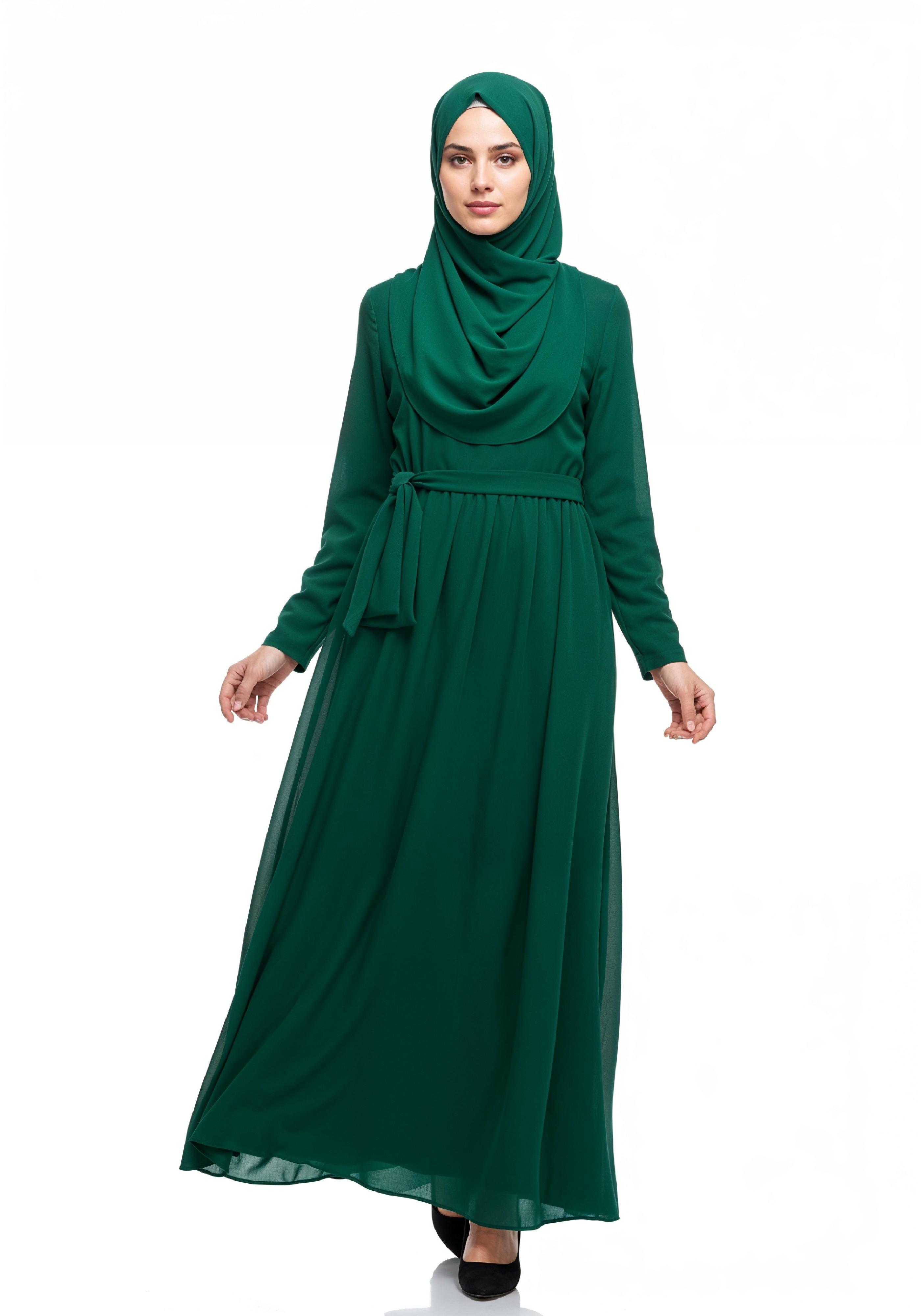 Graceful Muslim Woman Wearing Elegant Emerald Green Abaya and Hijab