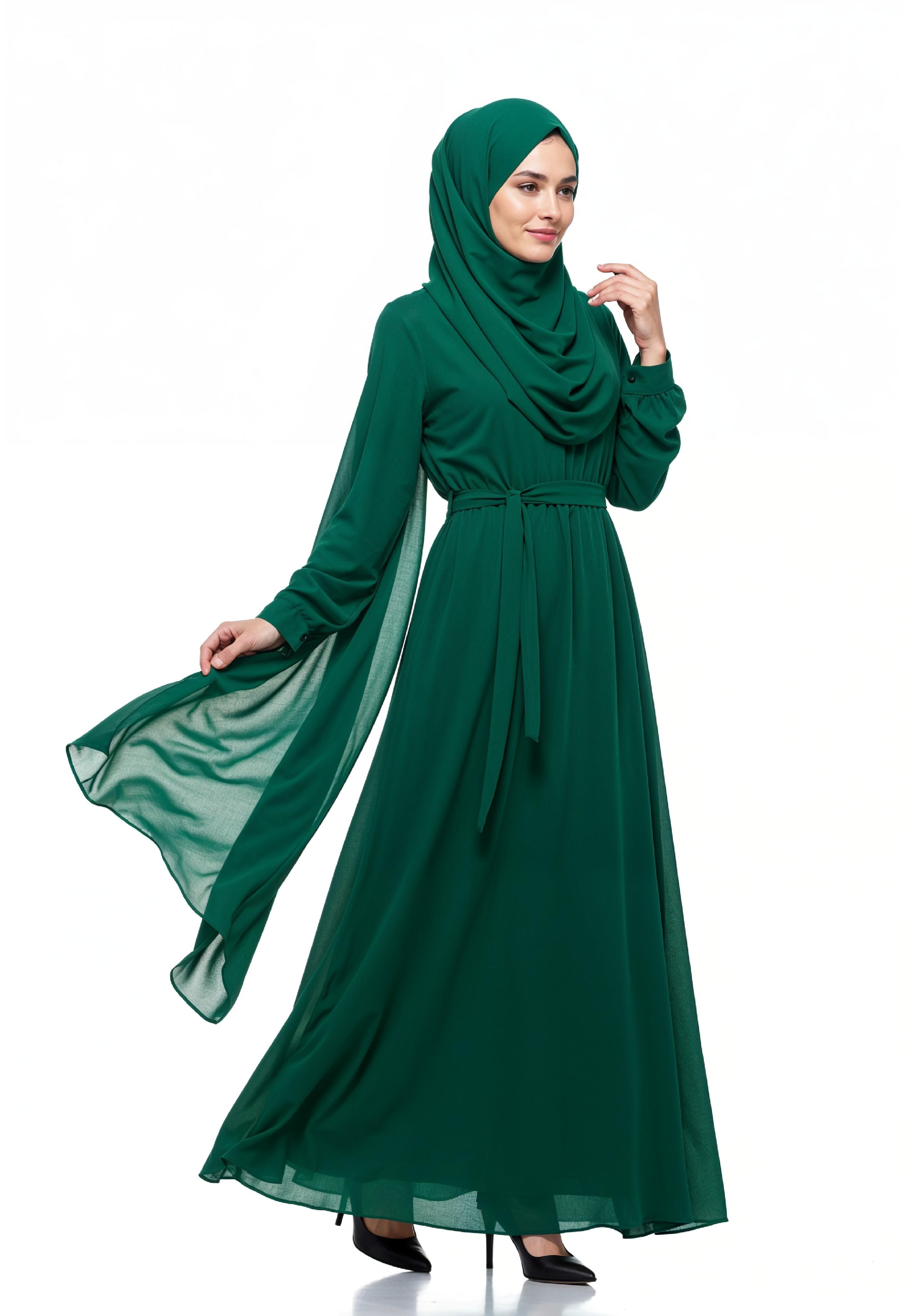 Graceful Muslim Woman Wearing Elegant Emerald Green Abaya and Hijab