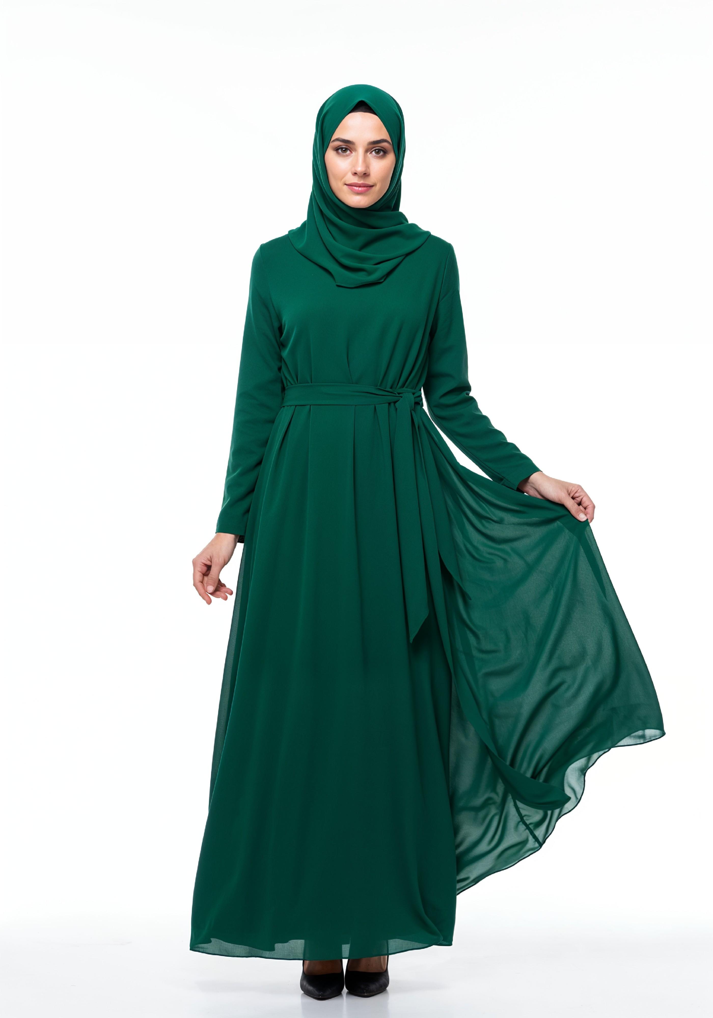 Graceful Muslim Woman Wearing Elegant Emerald Green Abaya and Hijab