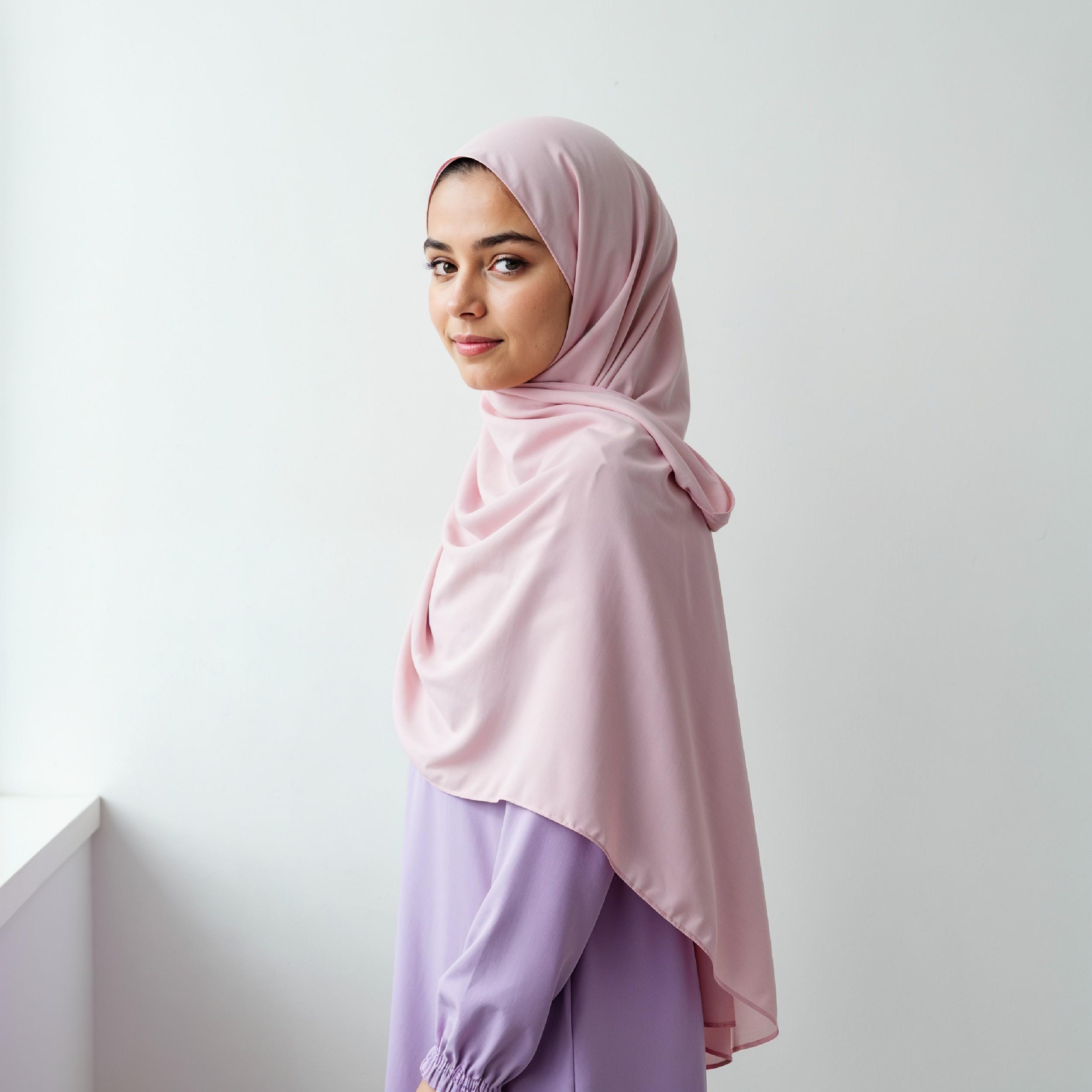 Graceful Young Muslim Woman Wearing Pastel Hijab and Elegant Modest Dress in Studio Portrait