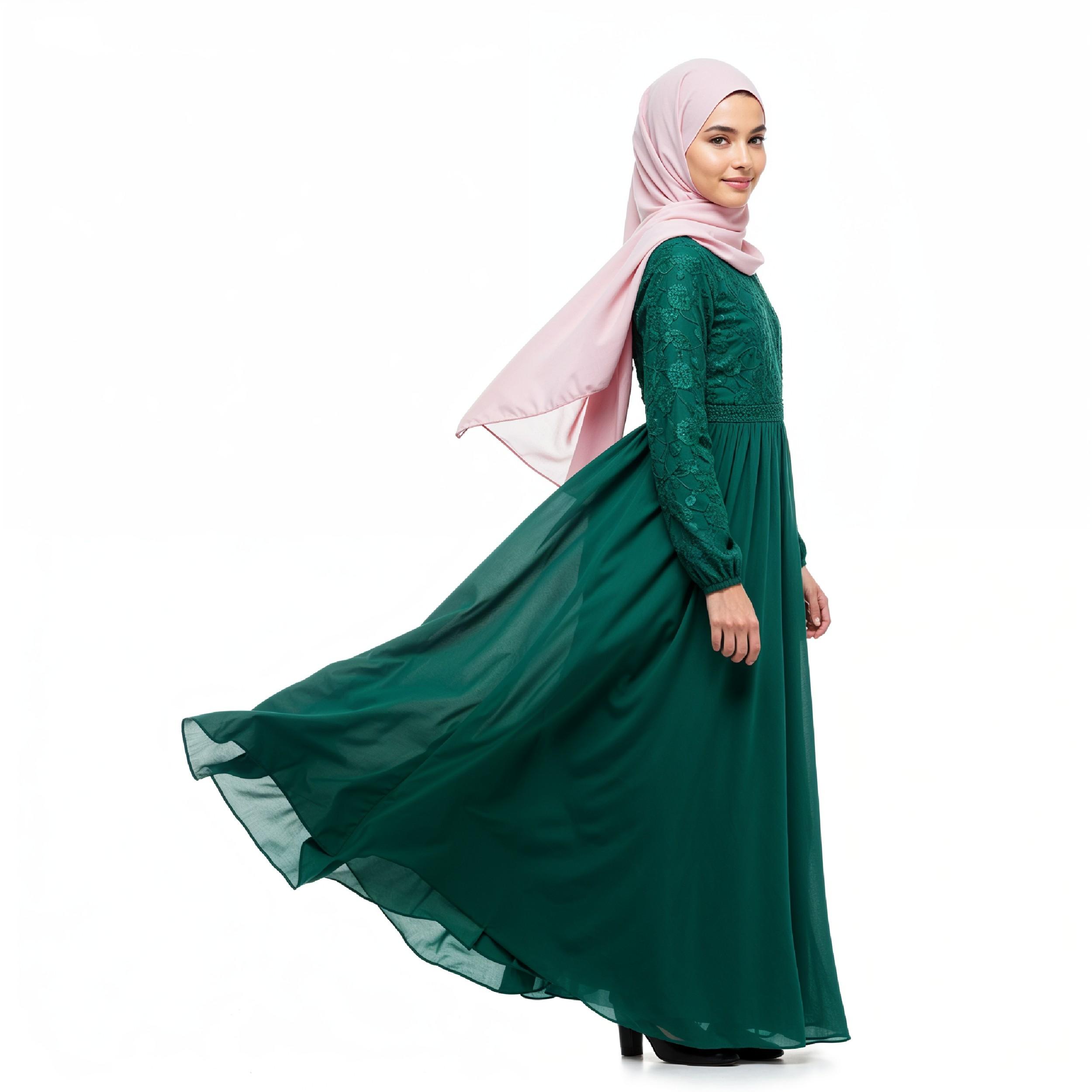 Graceful Young Muslim Woman Wearing Pastel Hijab and Elegant Modest Dress in Studio Portrait