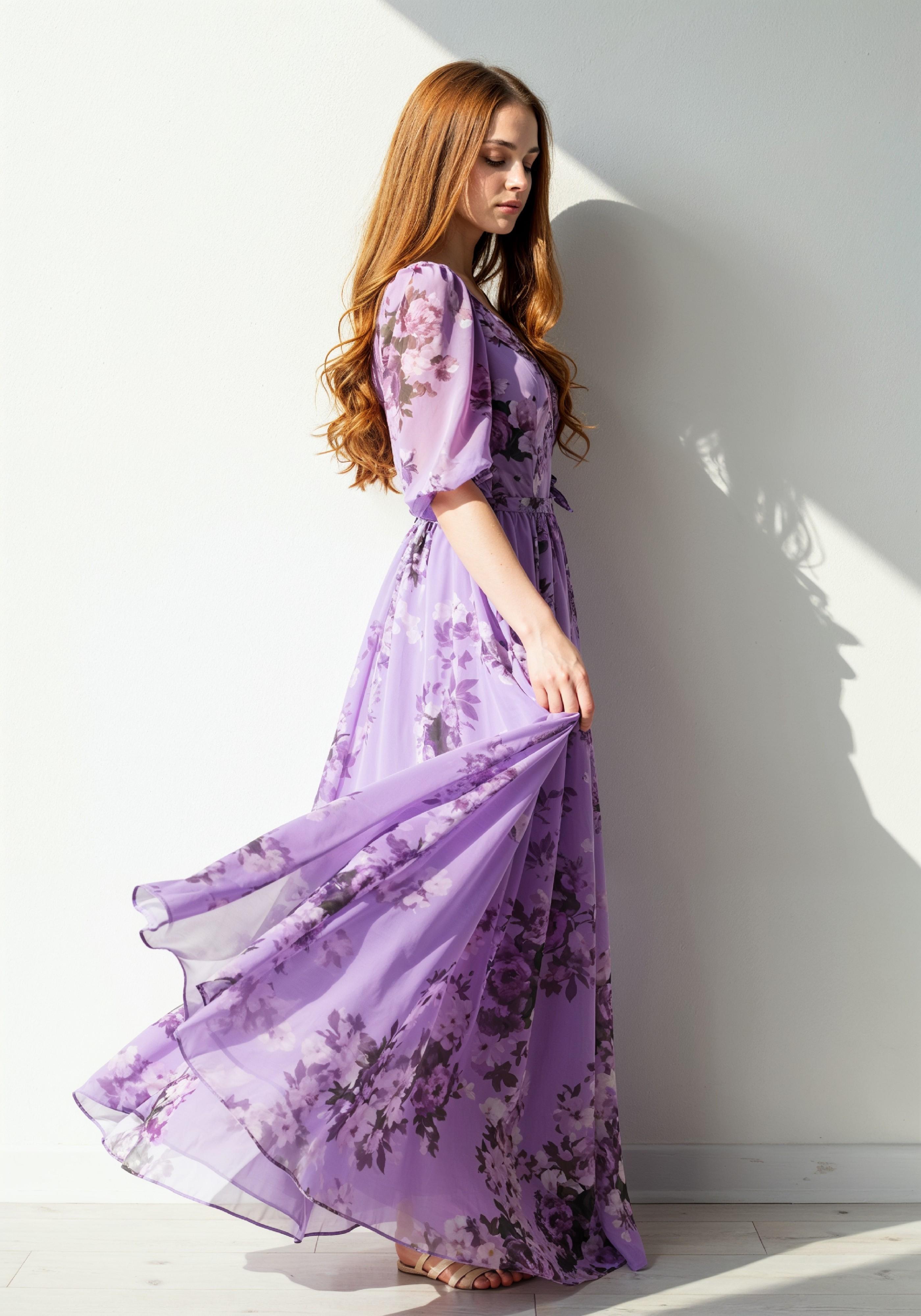 Graceful Young Woman in Luxury Lilac Floral Chiffon Dress by Window Light