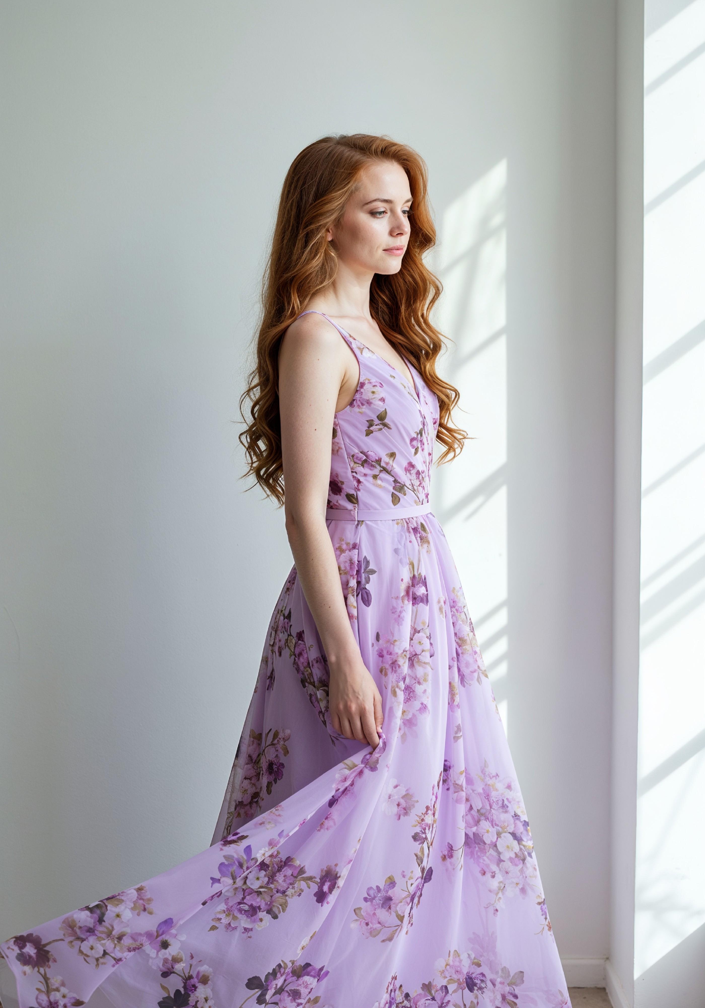 Graceful Young Woman in Luxury Lilac Floral Chiffon Dress by Window Light