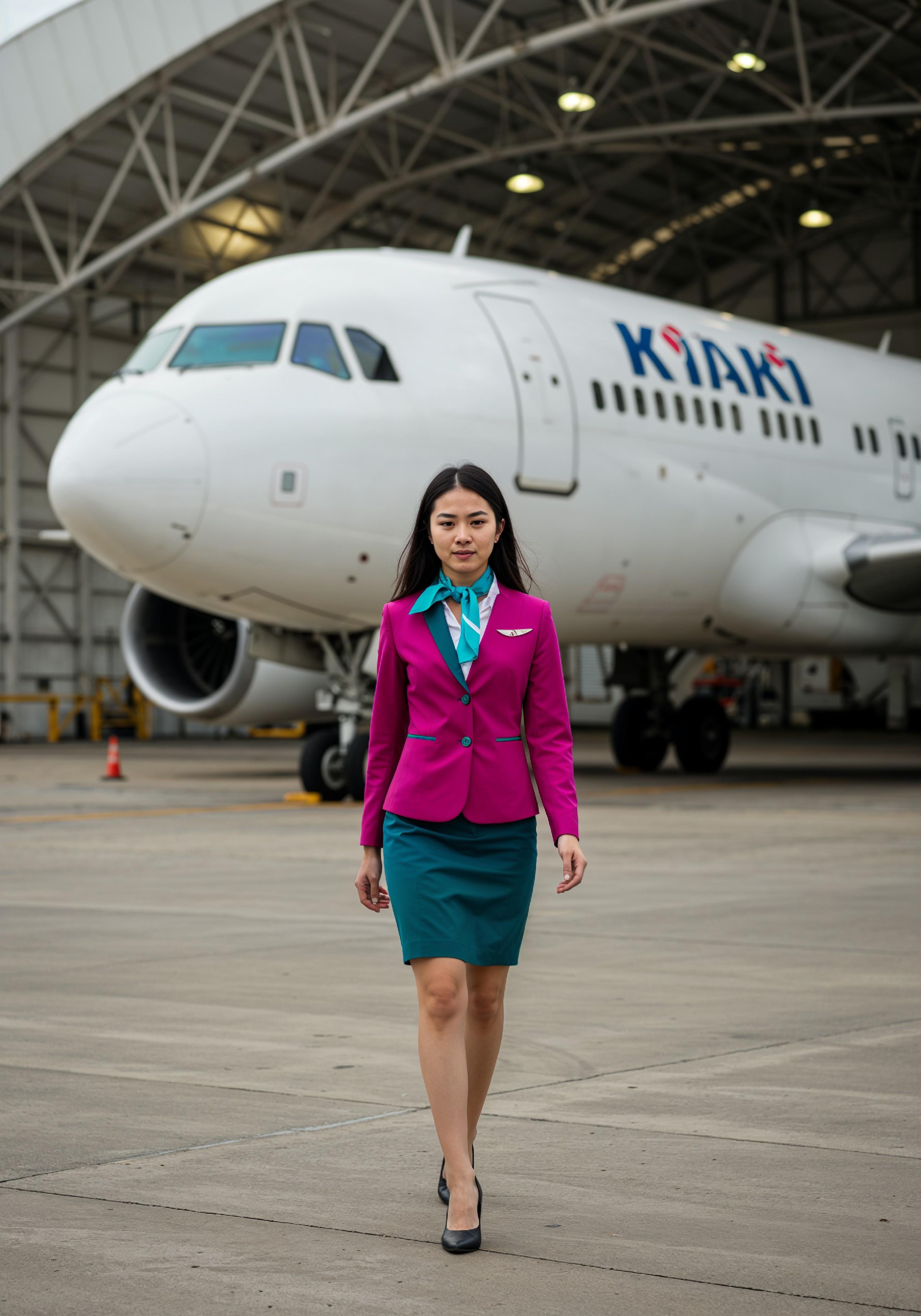 Professional Female Flight Attendant in Airline Uniform at Airport and Aircraft