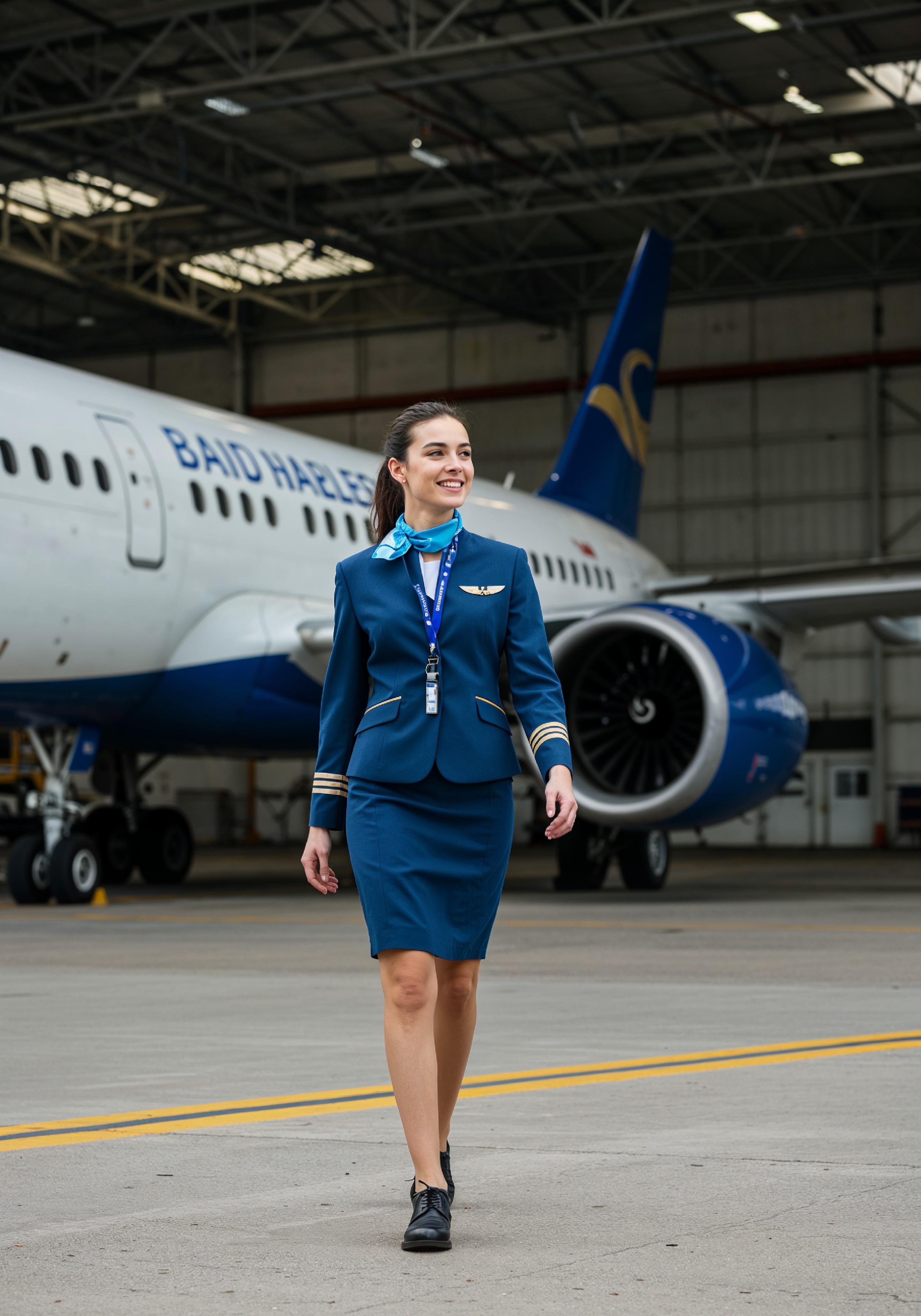 Professional Female Flight Attendant in Airline Uniform at Airport and Aircraft
