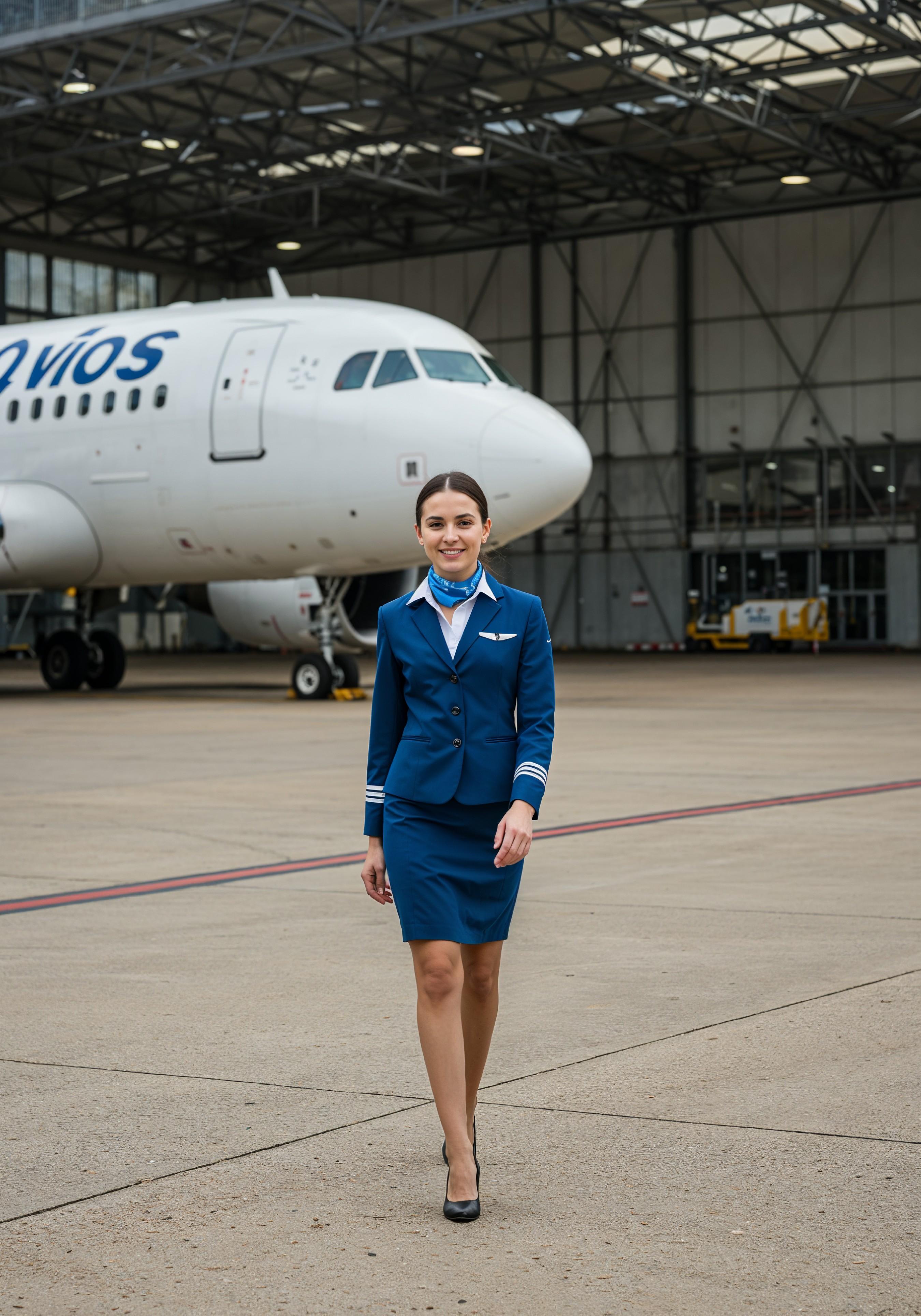 Professional Female Flight Attendant in Airline Uniform at Airport and Aircraft