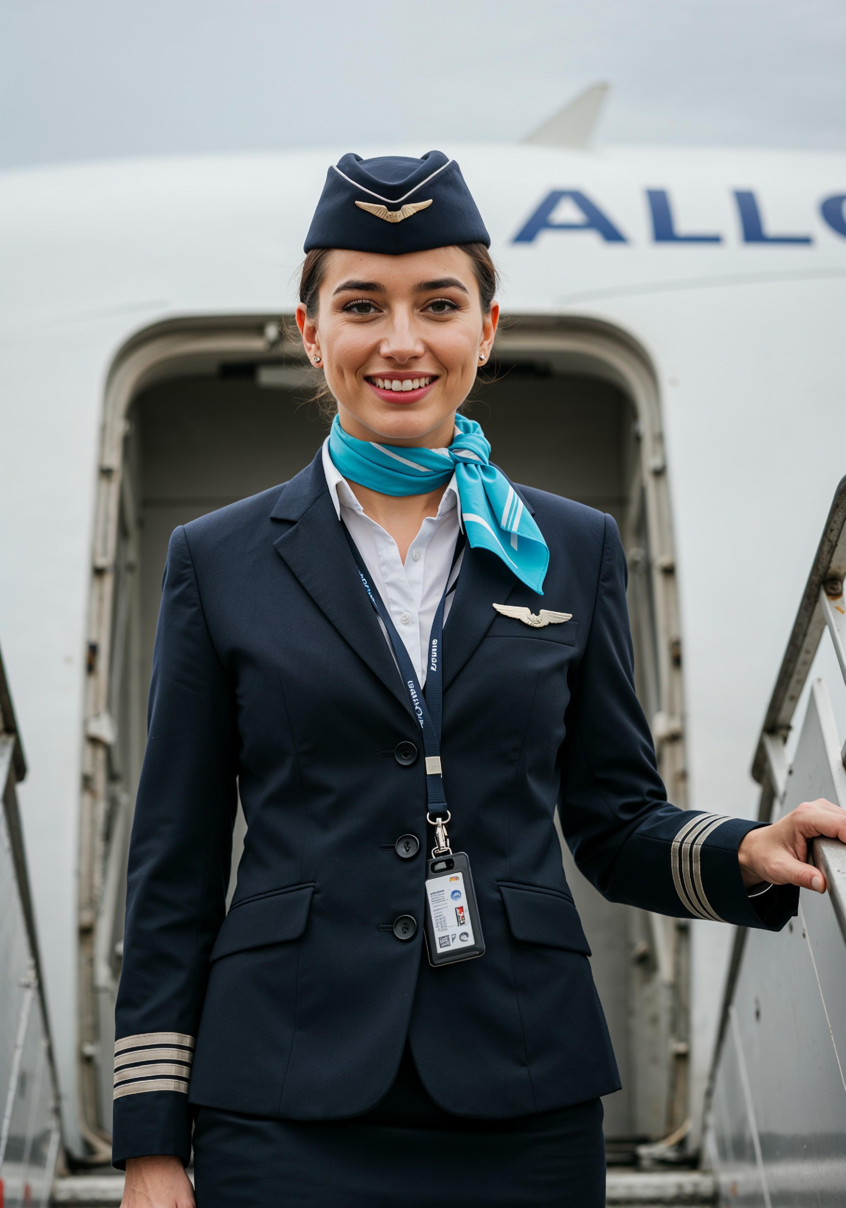 Professional Female Flight Attendant in Airline Uniform at Airport and Aircraft