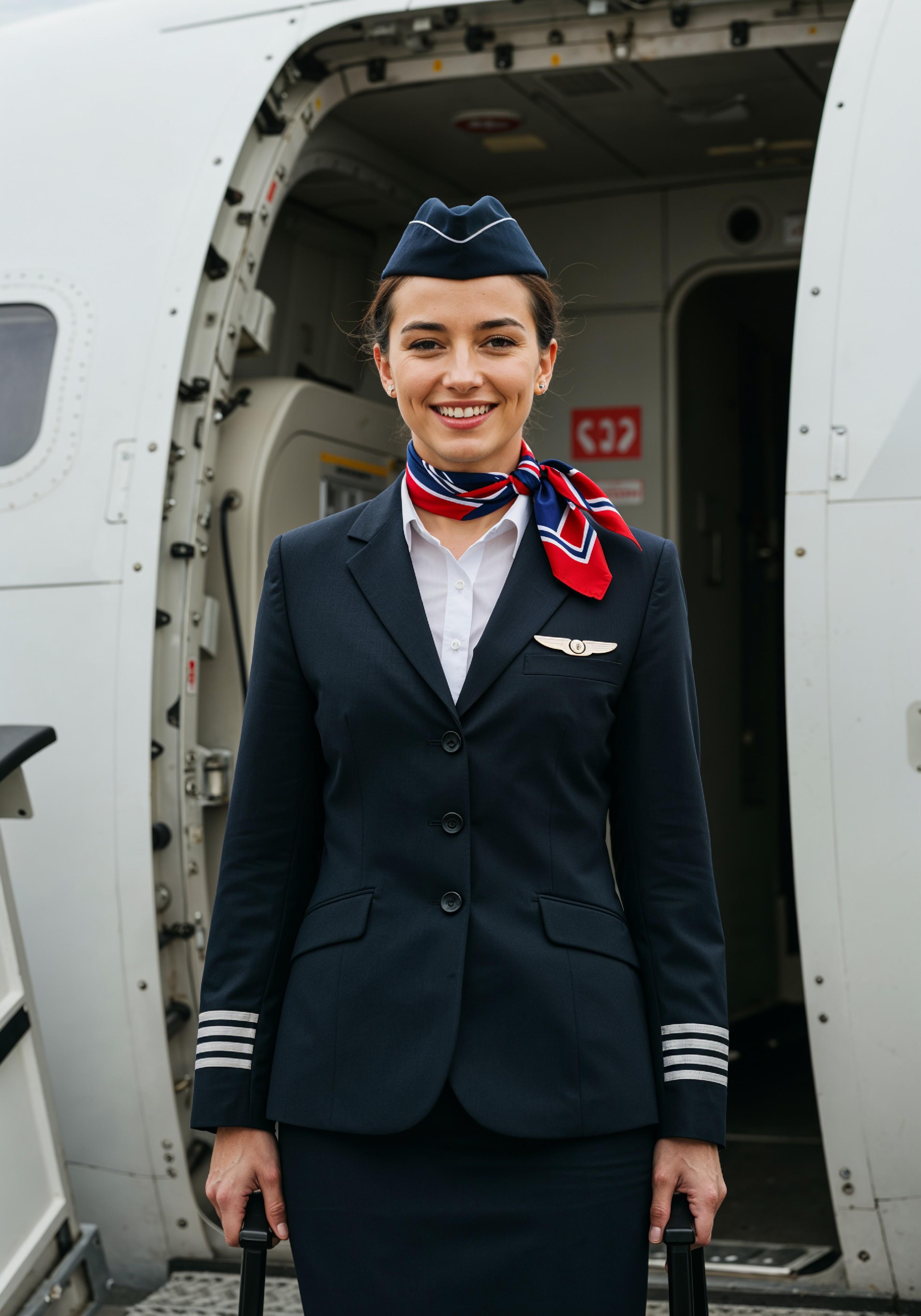 Professional Female Flight Attendant in Airline Uniform at Airport and Aircraft