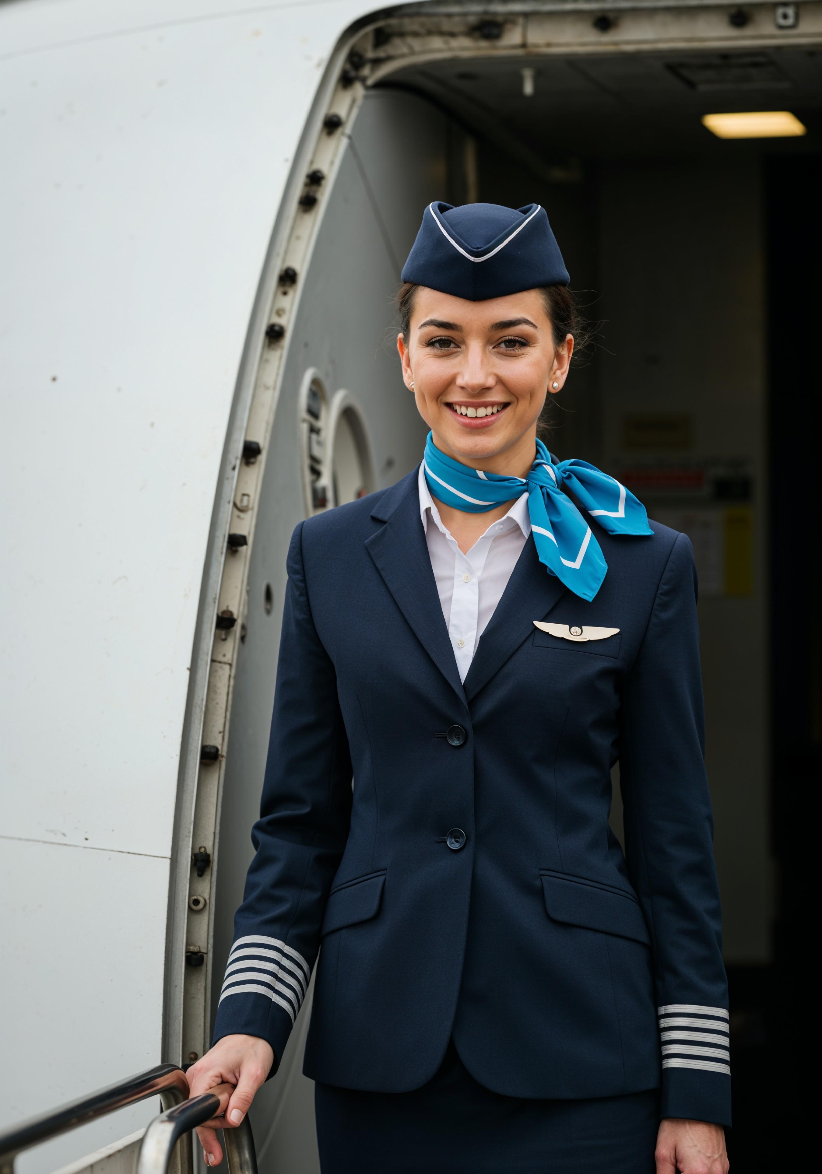 Professional Female Flight Attendant in Airline Uniform at Airport and Aircraft