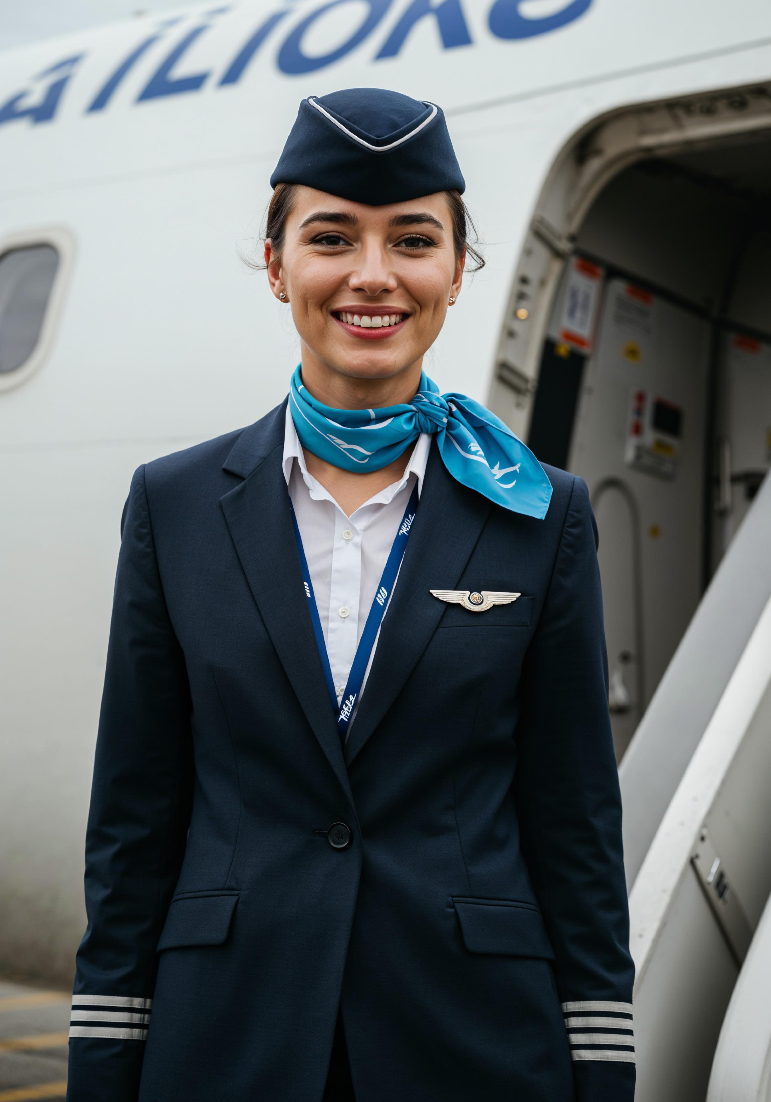 Professional Female Flight Attendant in Airline Uniform at Airport and Aircraft