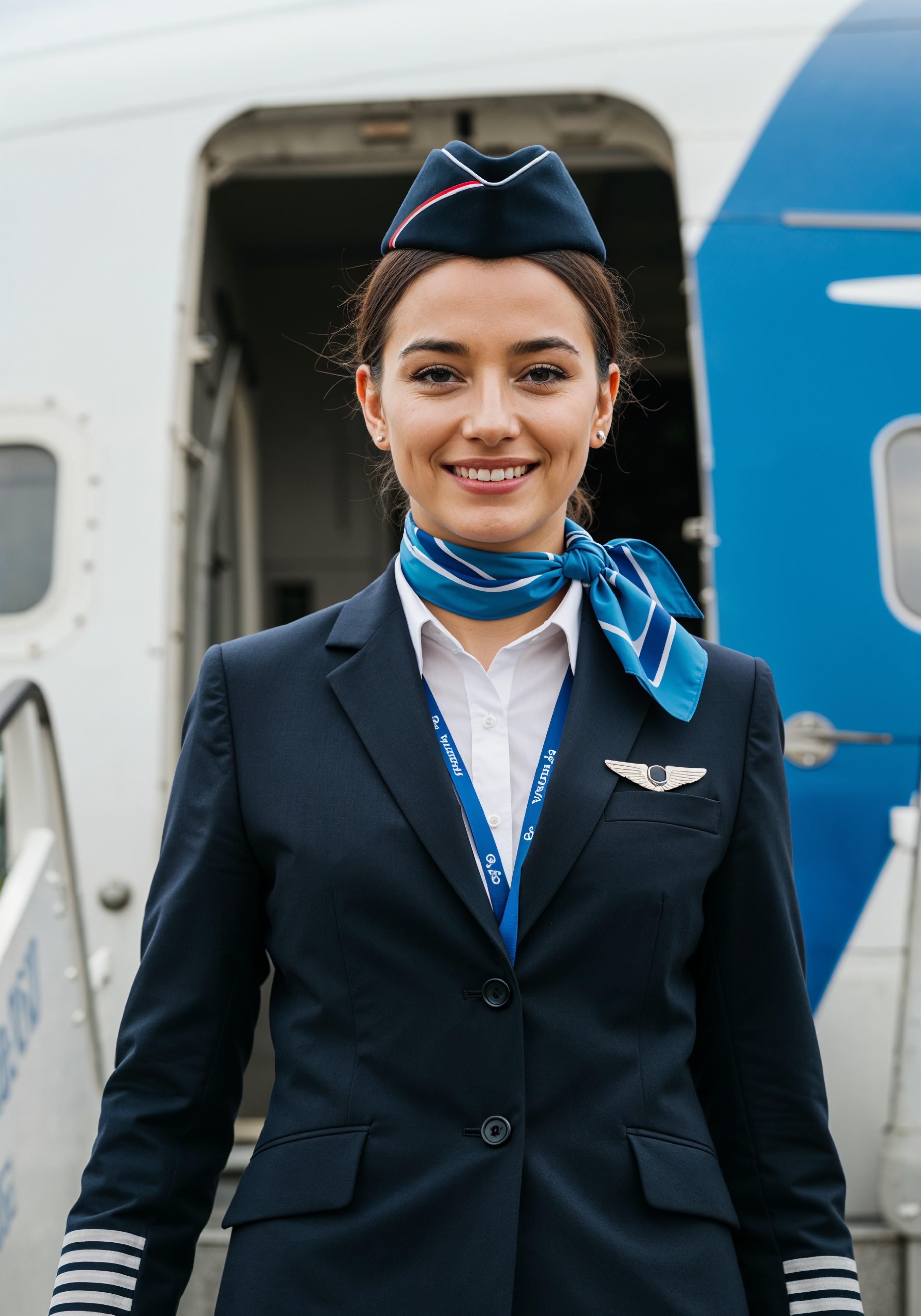 Professional Female Flight Attendant in Airline Uniform at Airport and Aircraft