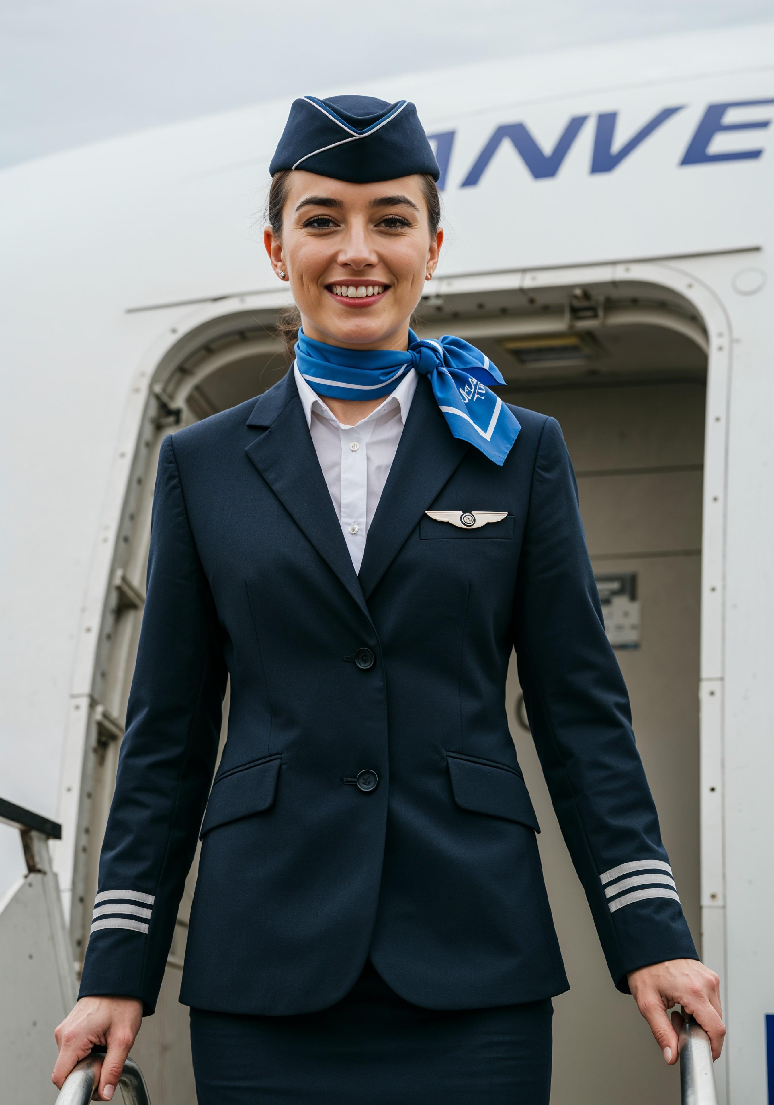 Professional Female Flight Attendant in Airline Uniform at Airport and Aircraft