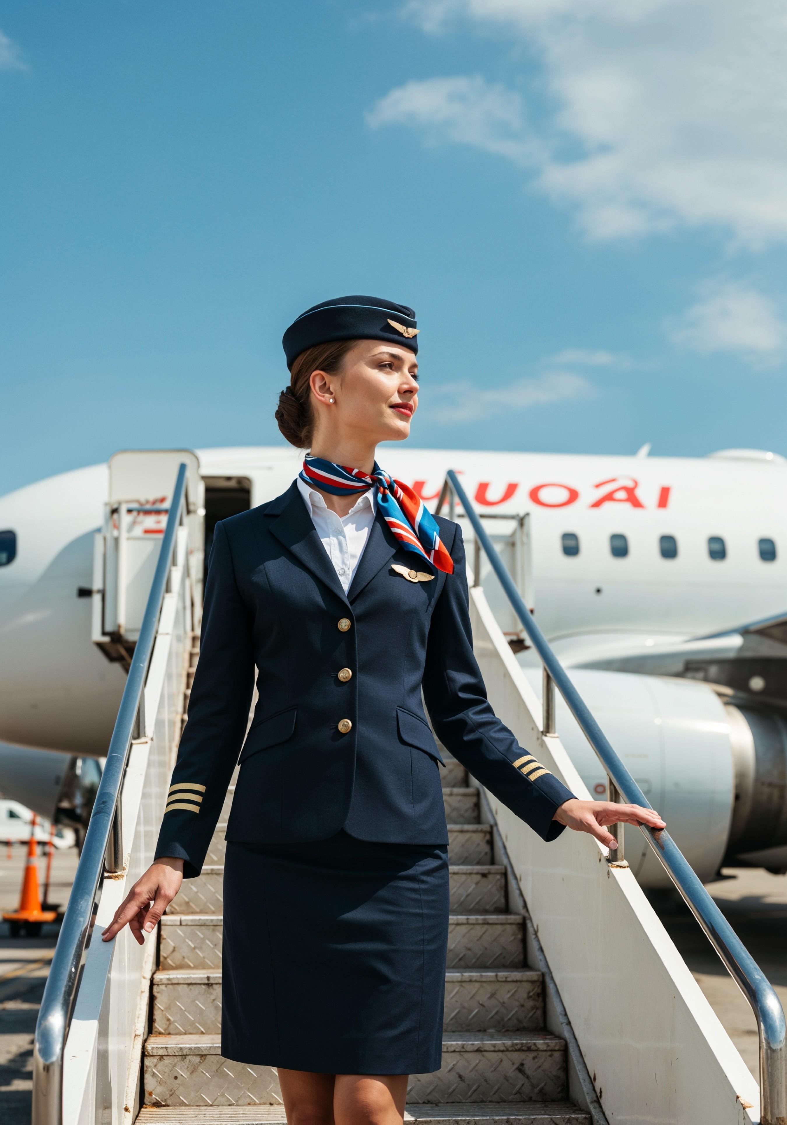 Professional Female Flight Attendant in Airline Uniform at Airport and Aircraft