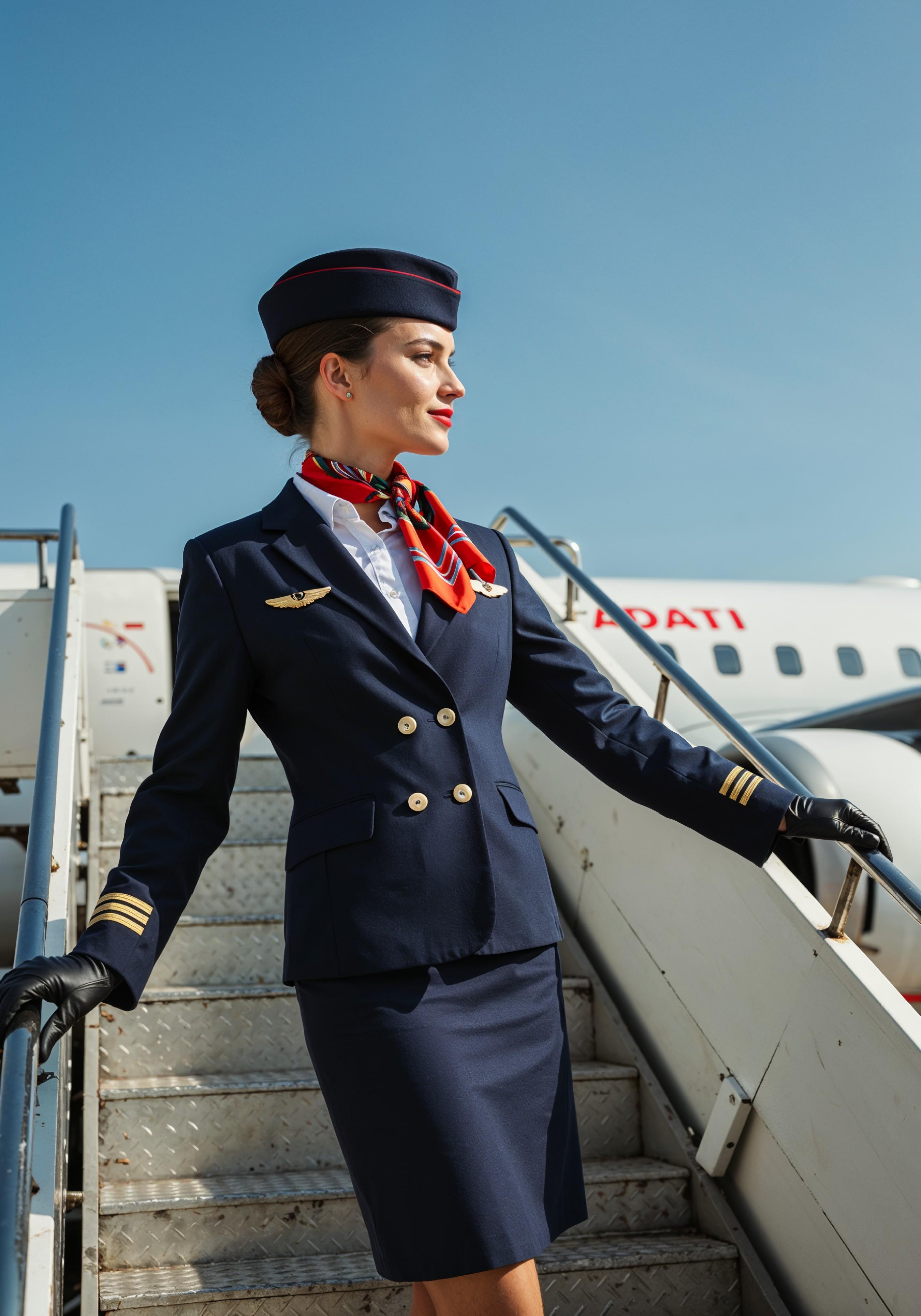 Professional Female Flight Attendant in Airline Uniform at Airport and Aircraft