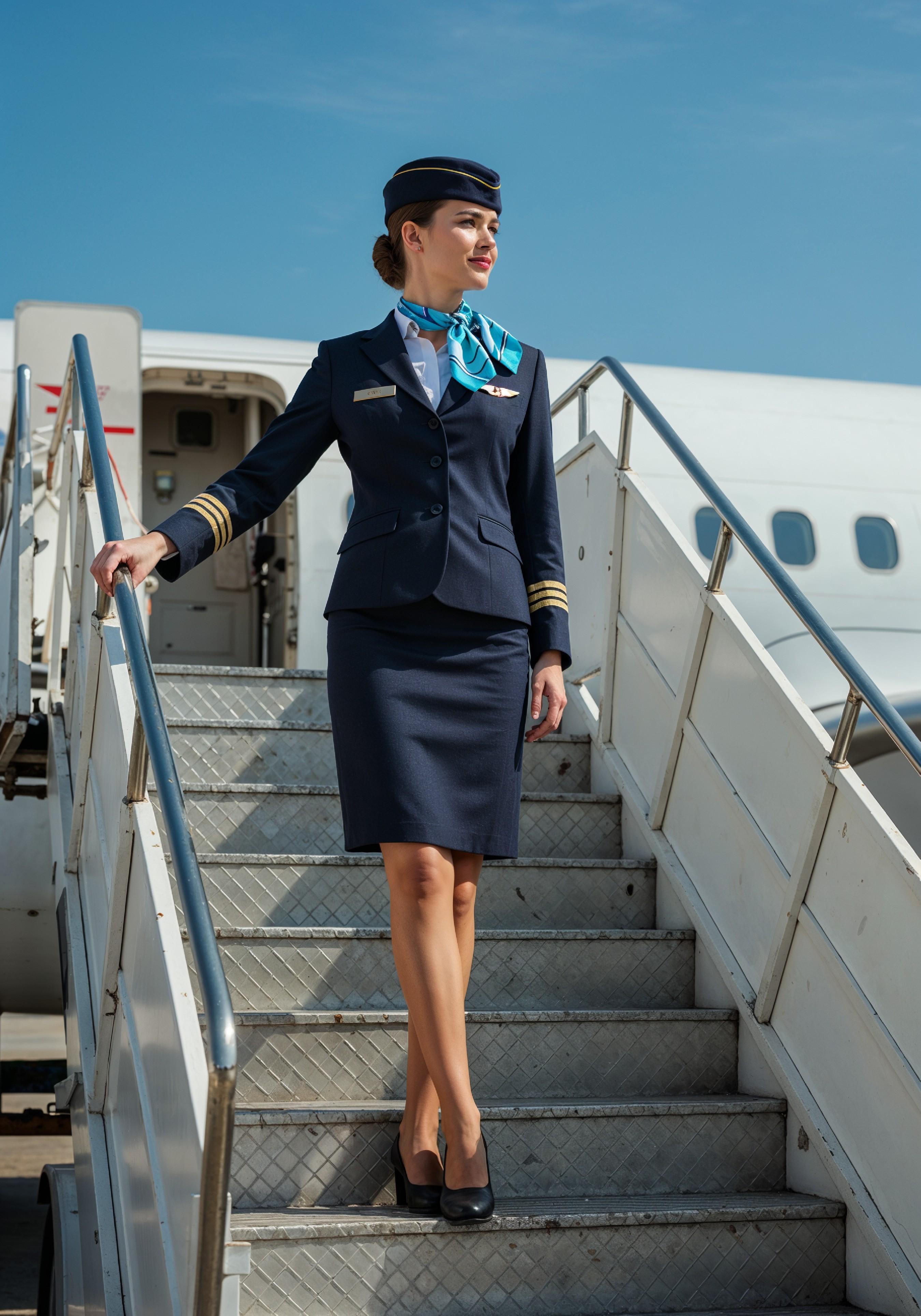 Professional Female Flight Attendant in Airline Uniform at Airport and Aircraft