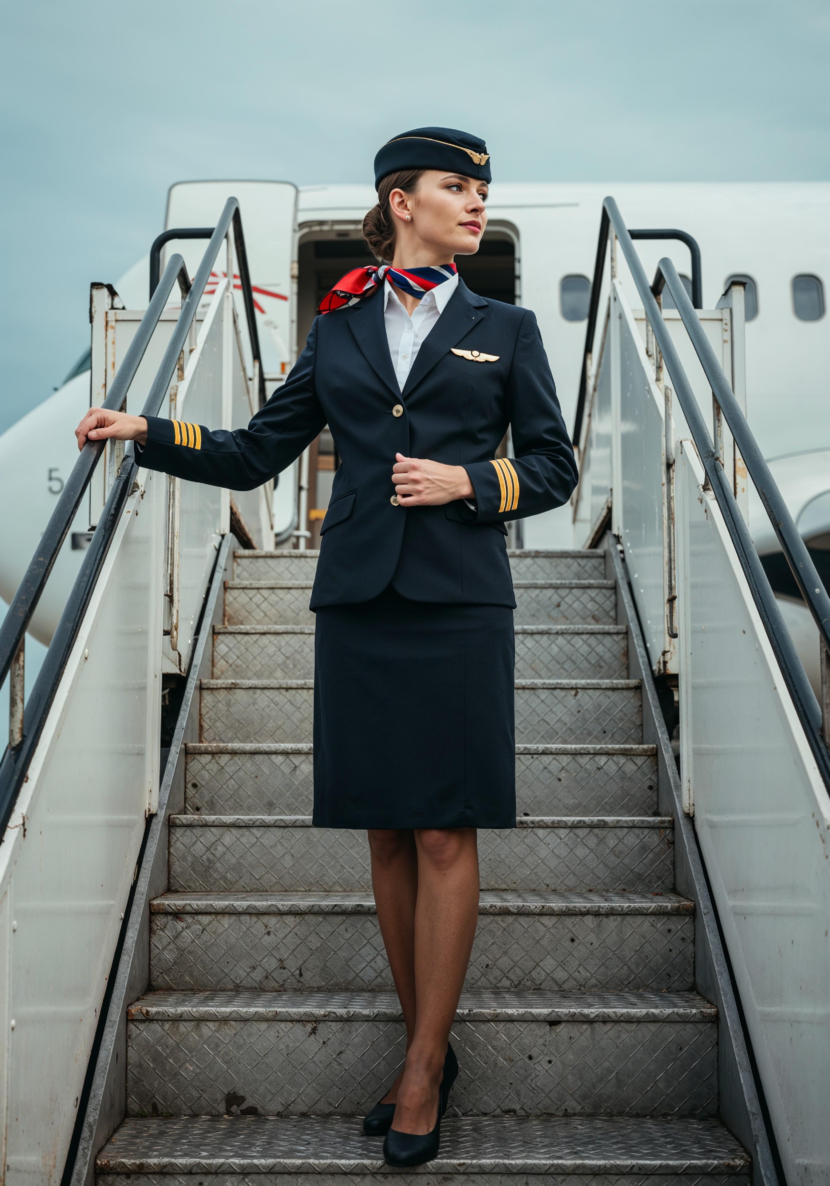 Professional Female Flight Attendant in Airline Uniform at Airport and Aircraft