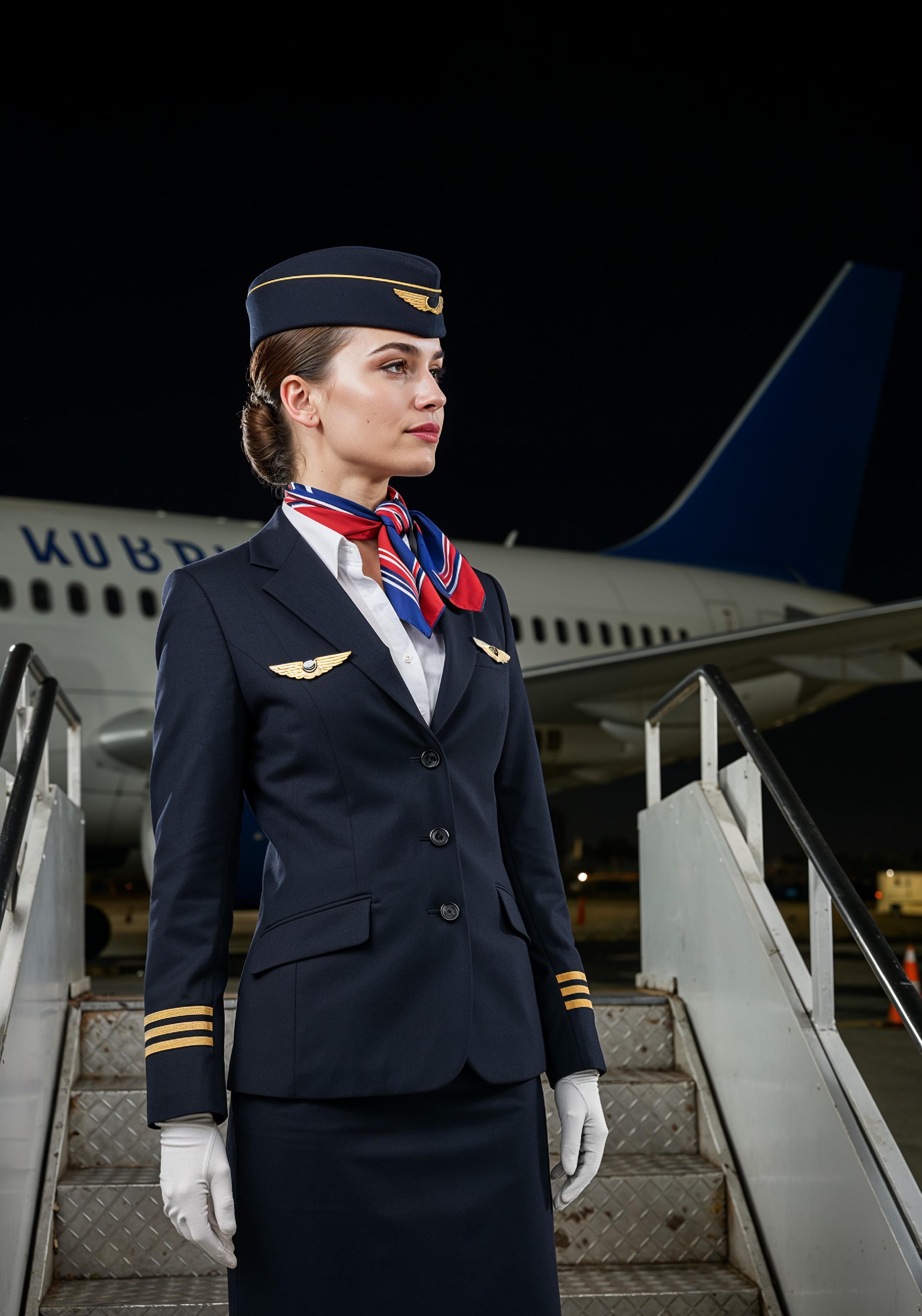 Professional Female Flight Attendant in Airline Uniform at Airport and Aircraft