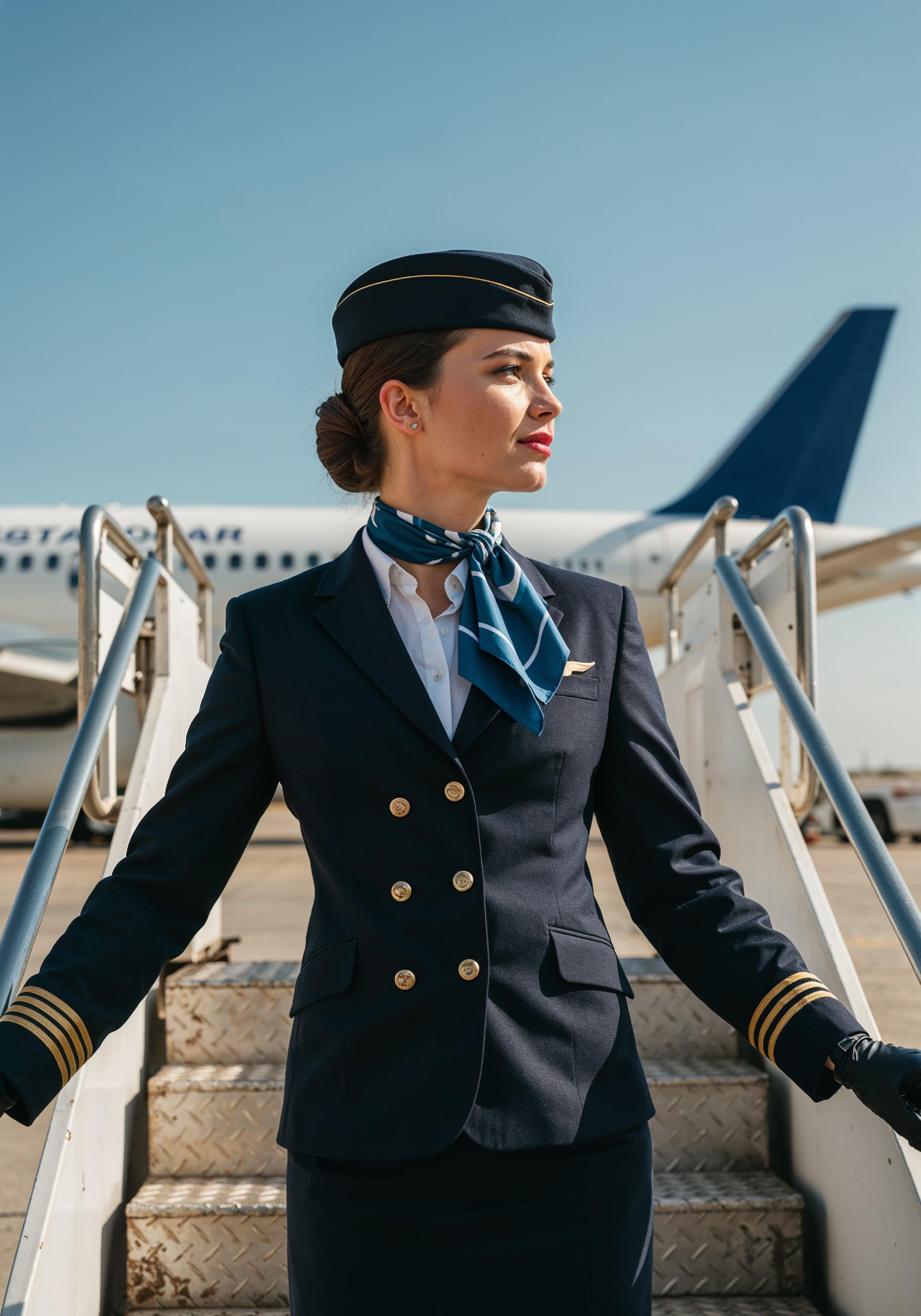 Professional Female Flight Attendant in Airline Uniform at Airport and Aircraft