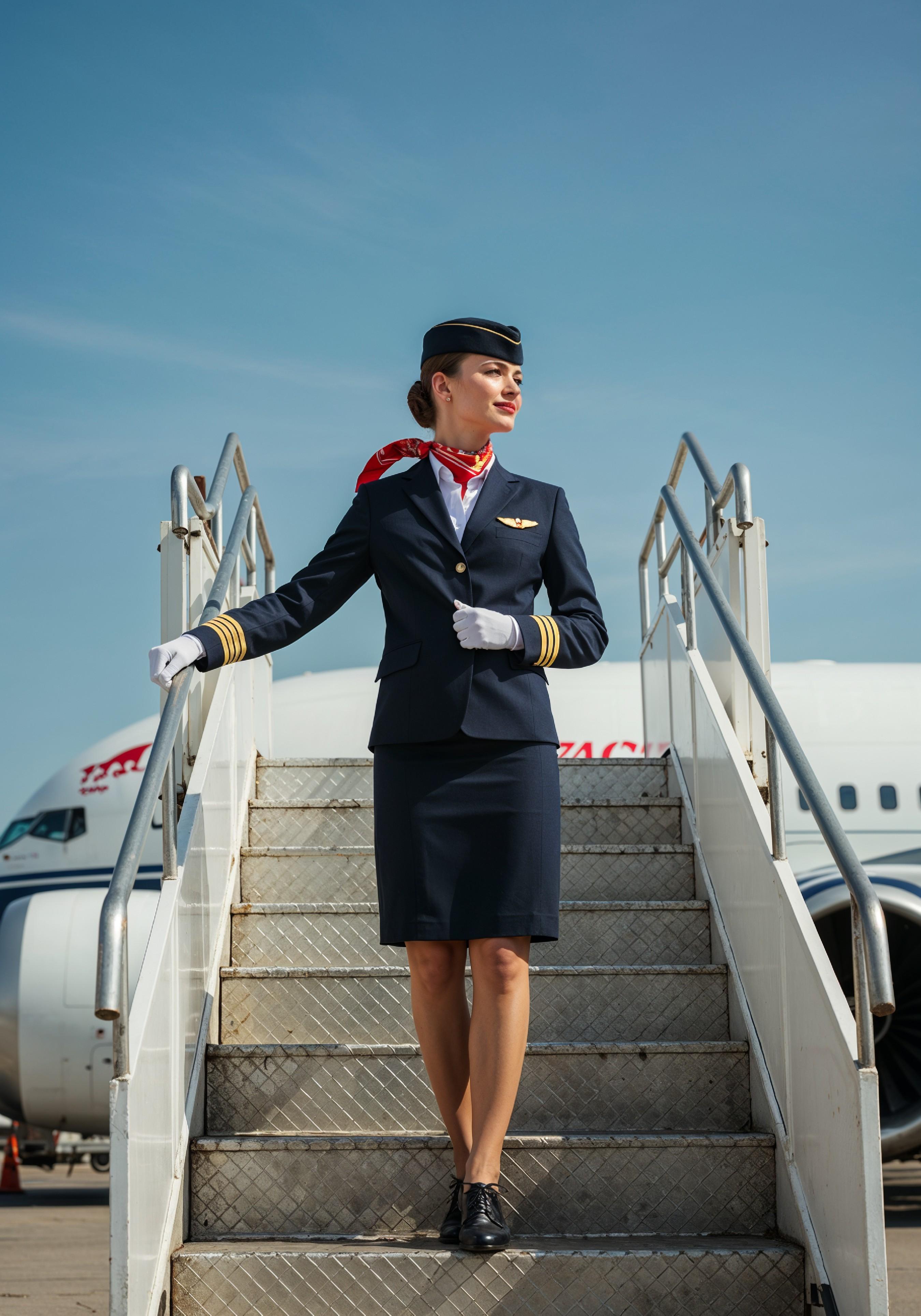 Professional Female Flight Attendant in Airline Uniform at Airport and Aircraft