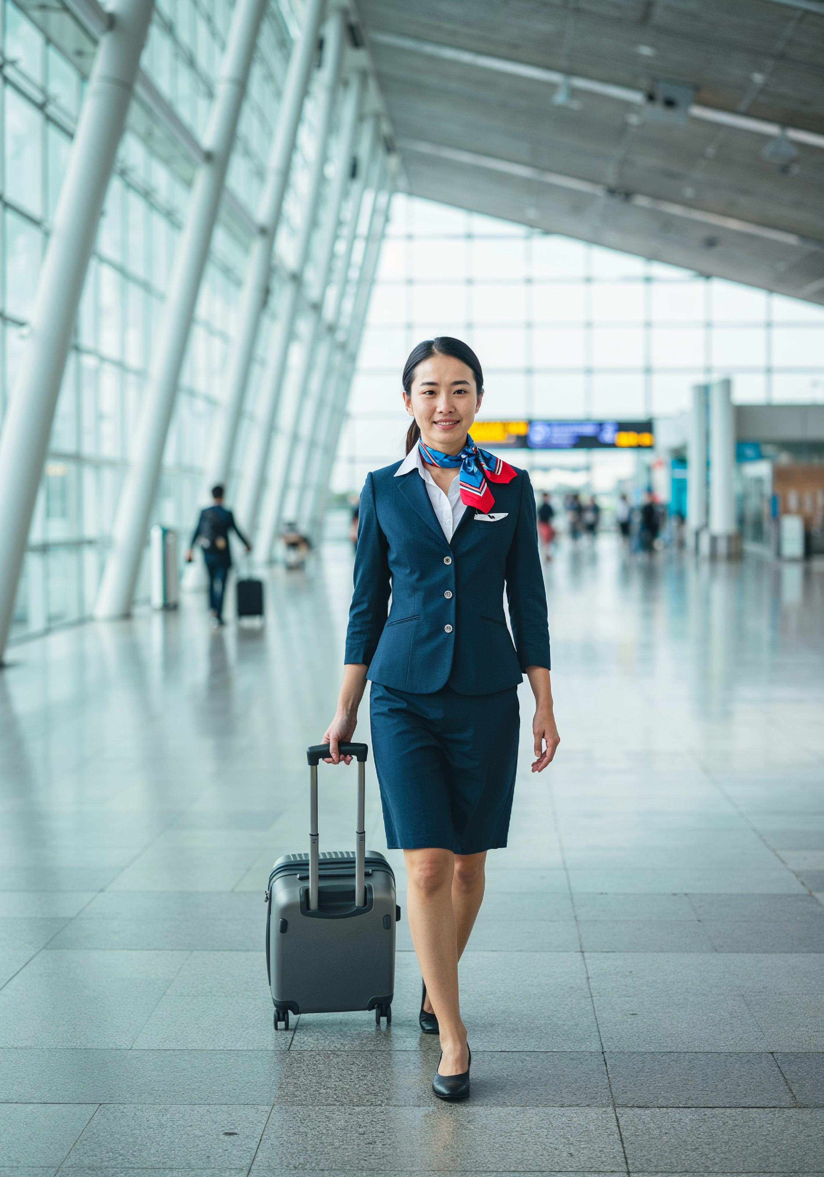 Professional Female Flight Attendant in Airline Uniform at Airport and Aircraft