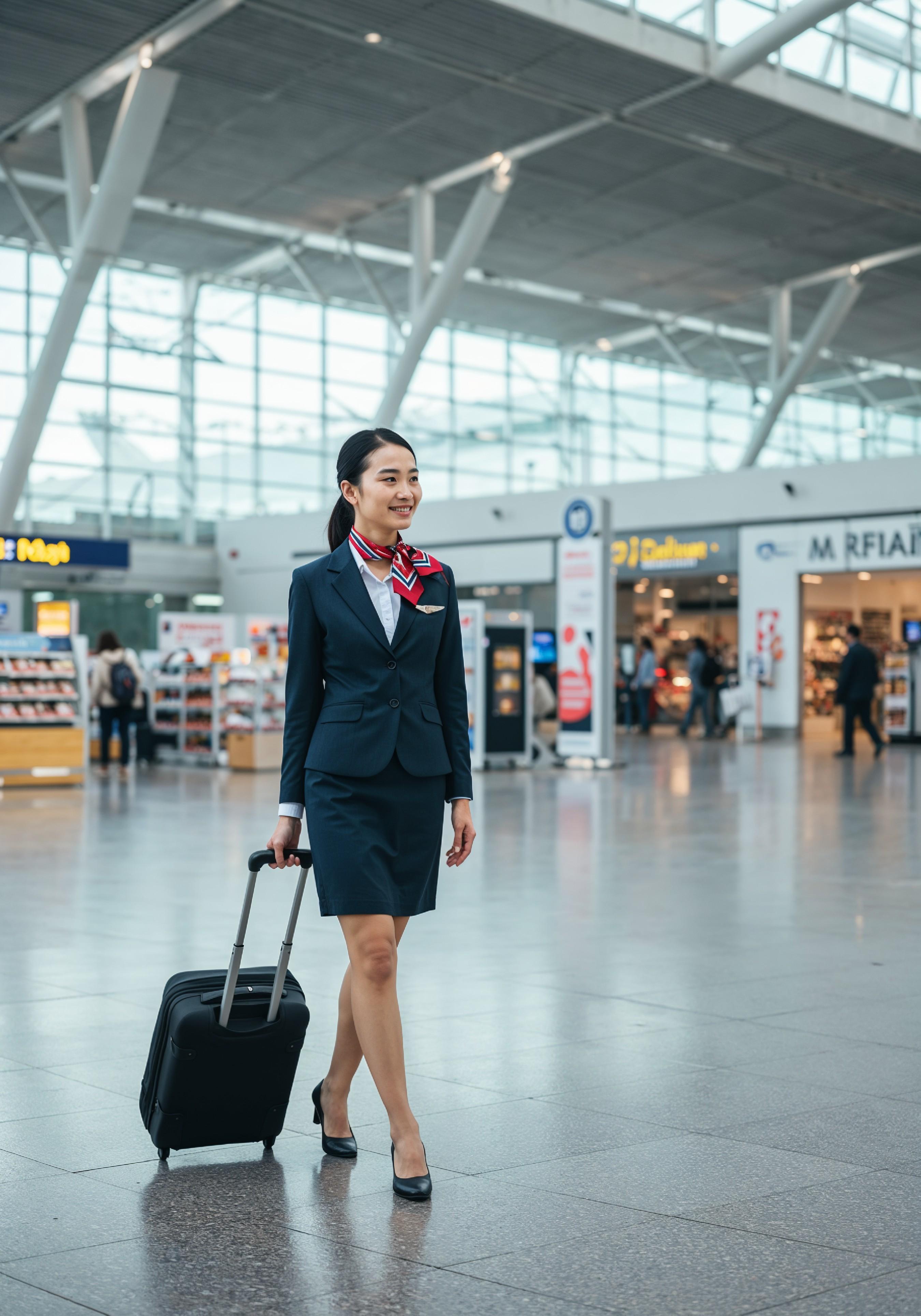 Professional Female Flight Attendant in Airline Uniform at Airport and Aircraft