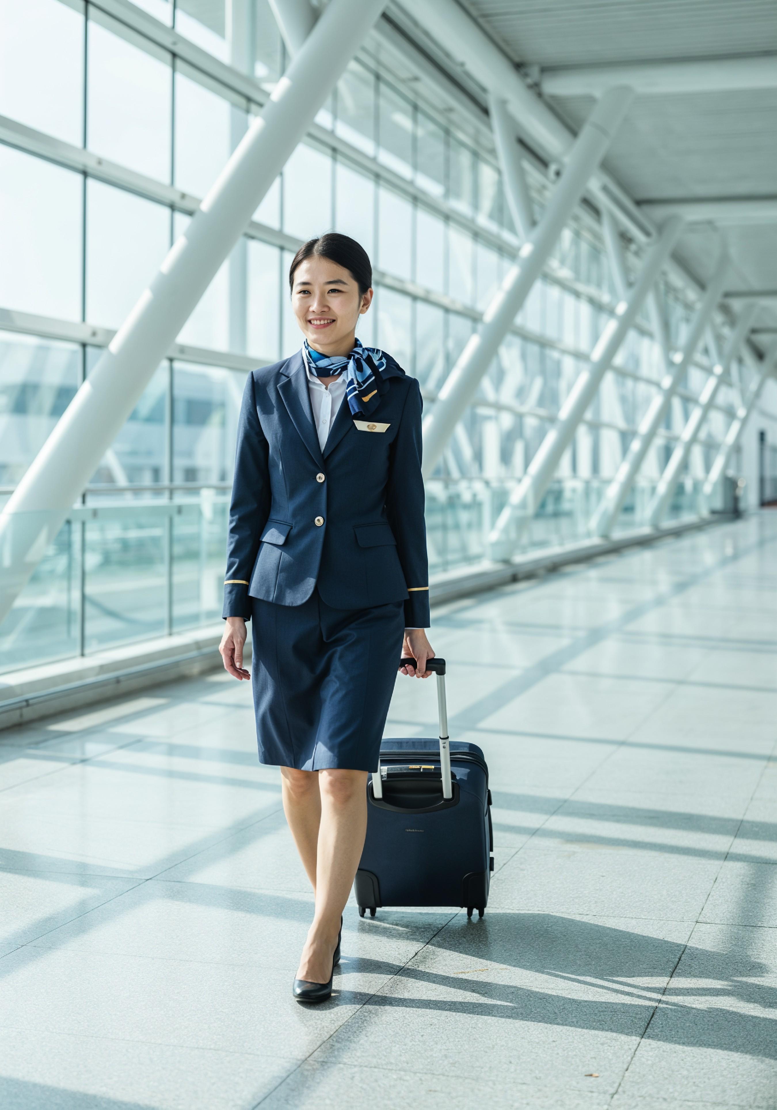 Professional Female Flight Attendant in Airline Uniform at Airport and Aircraft