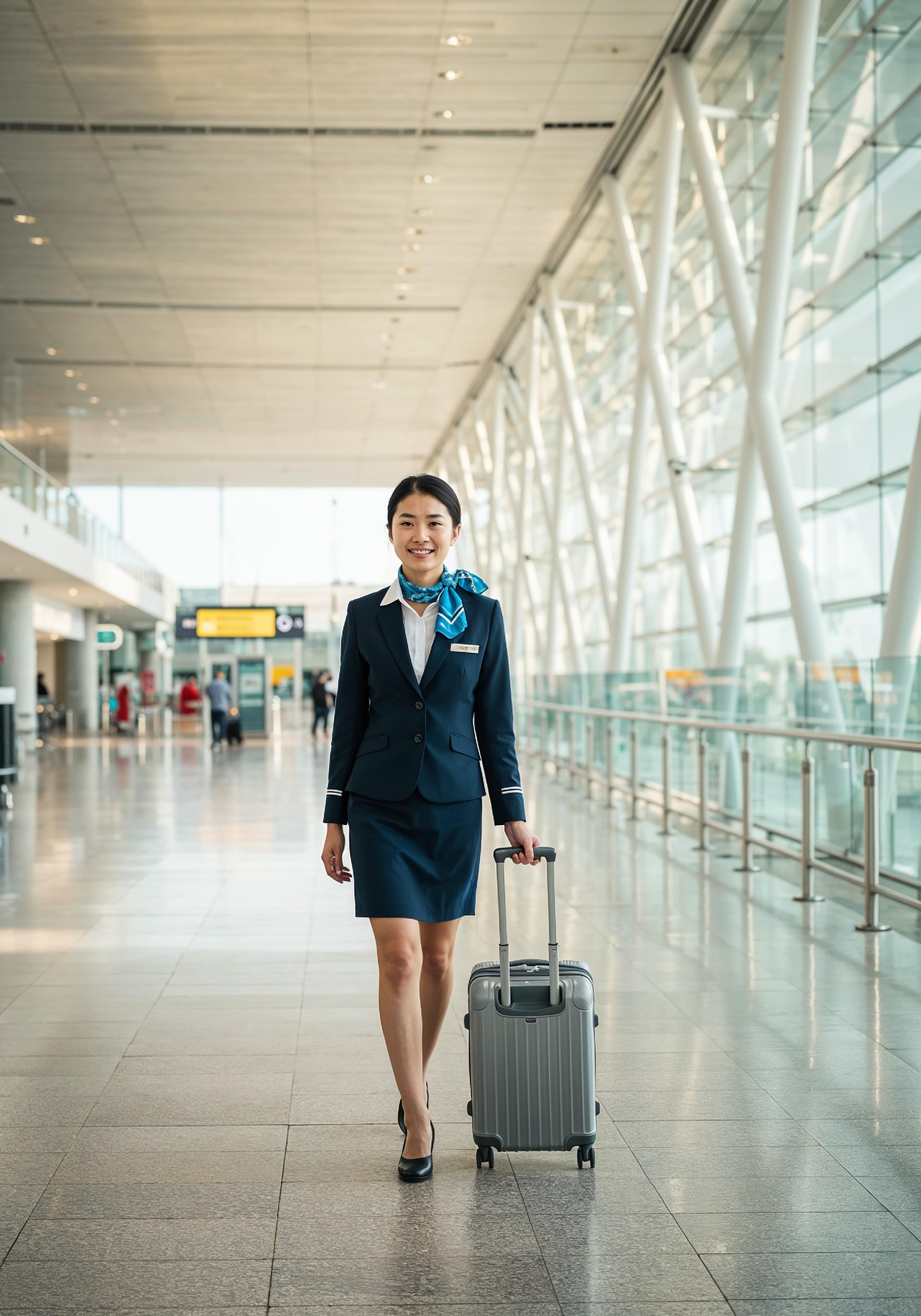 Professional Female Flight Attendant in Airline Uniform at Airport and Aircraft