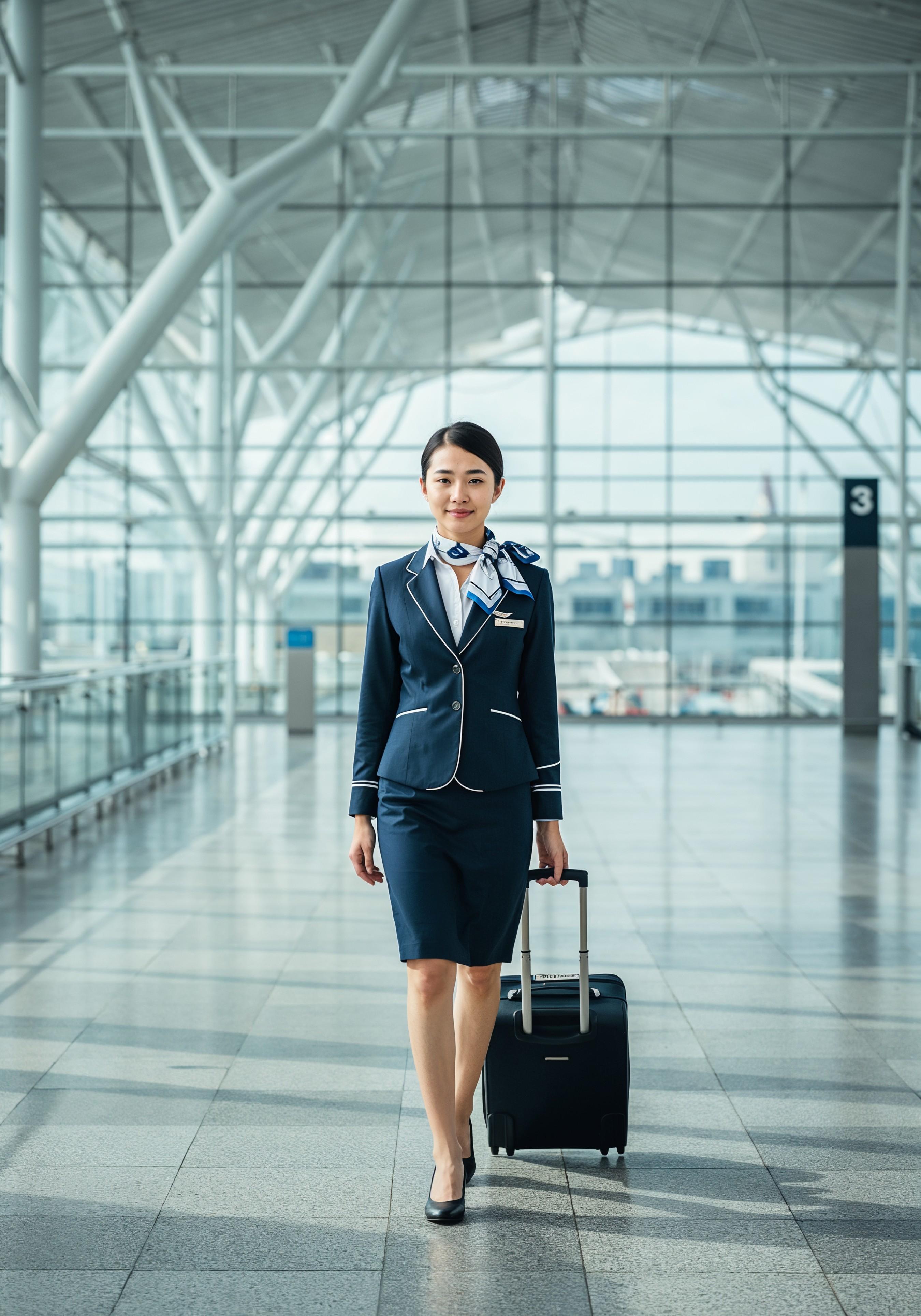 Professional Female Flight Attendant in Airline Uniform at Airport and Aircraft