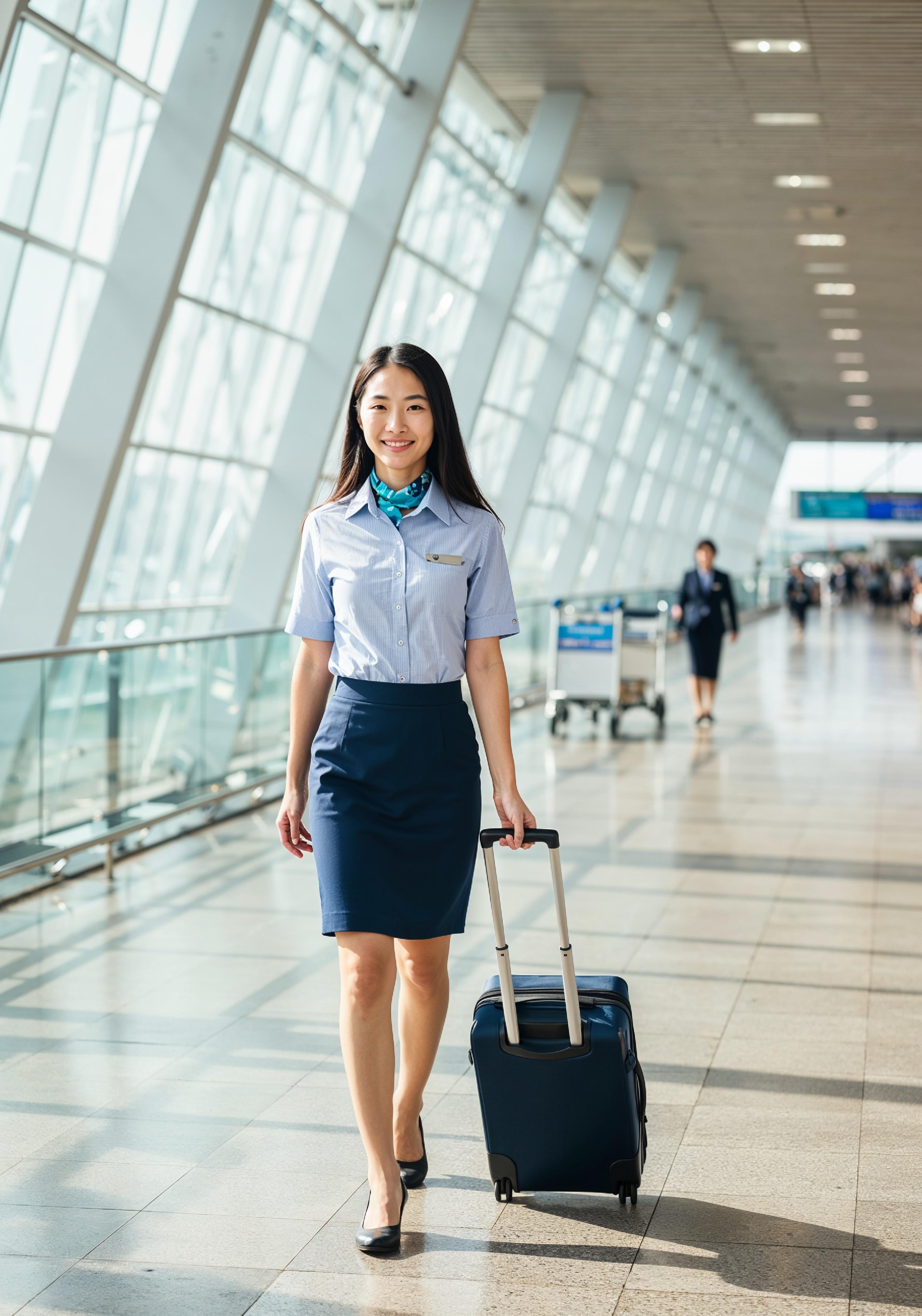 Professional Female Flight Attendant in Airline Uniform at Airport and Aircraft