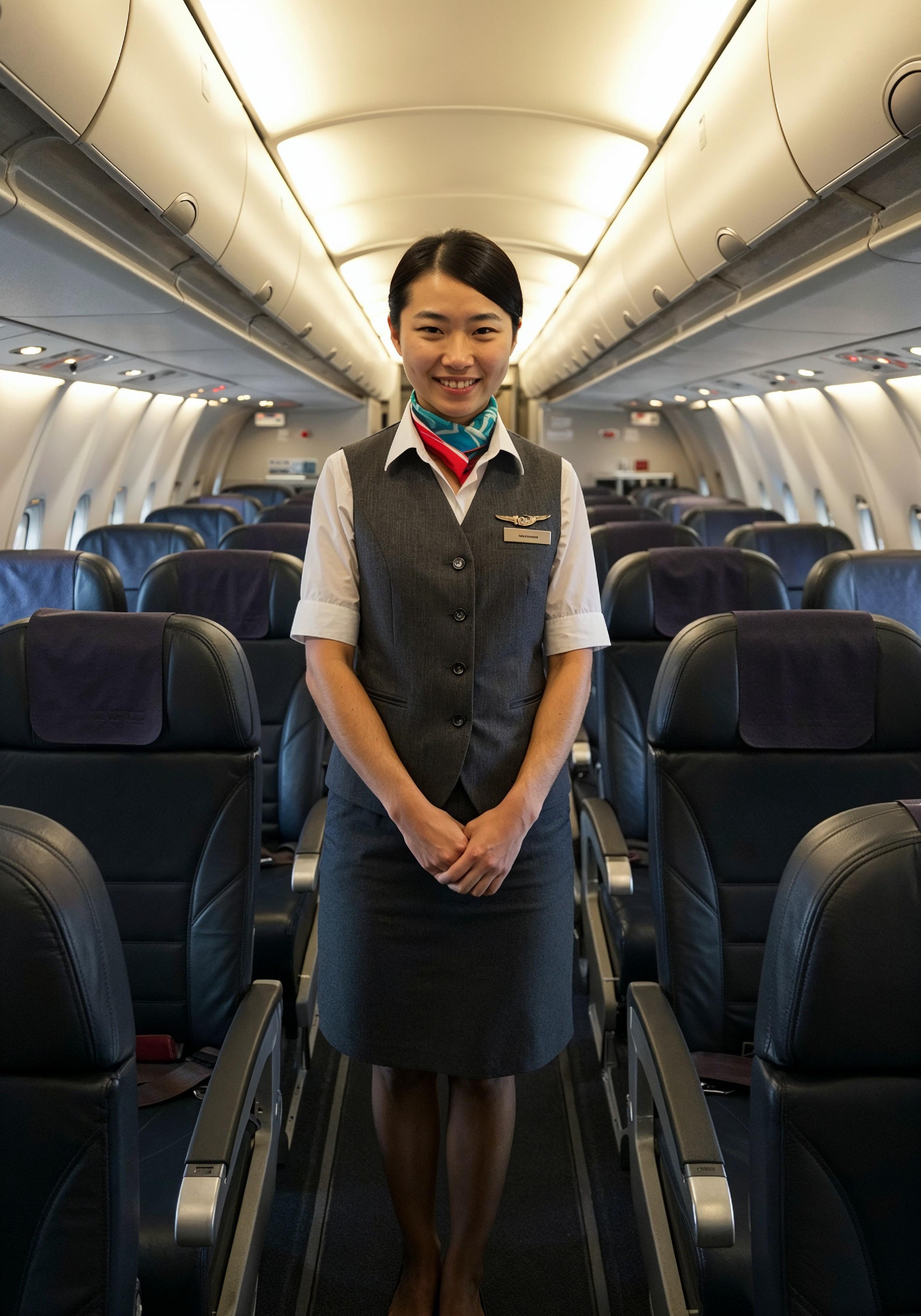 Professional Female Flight Attendant in Airline Uniform at Airport and Aircraft