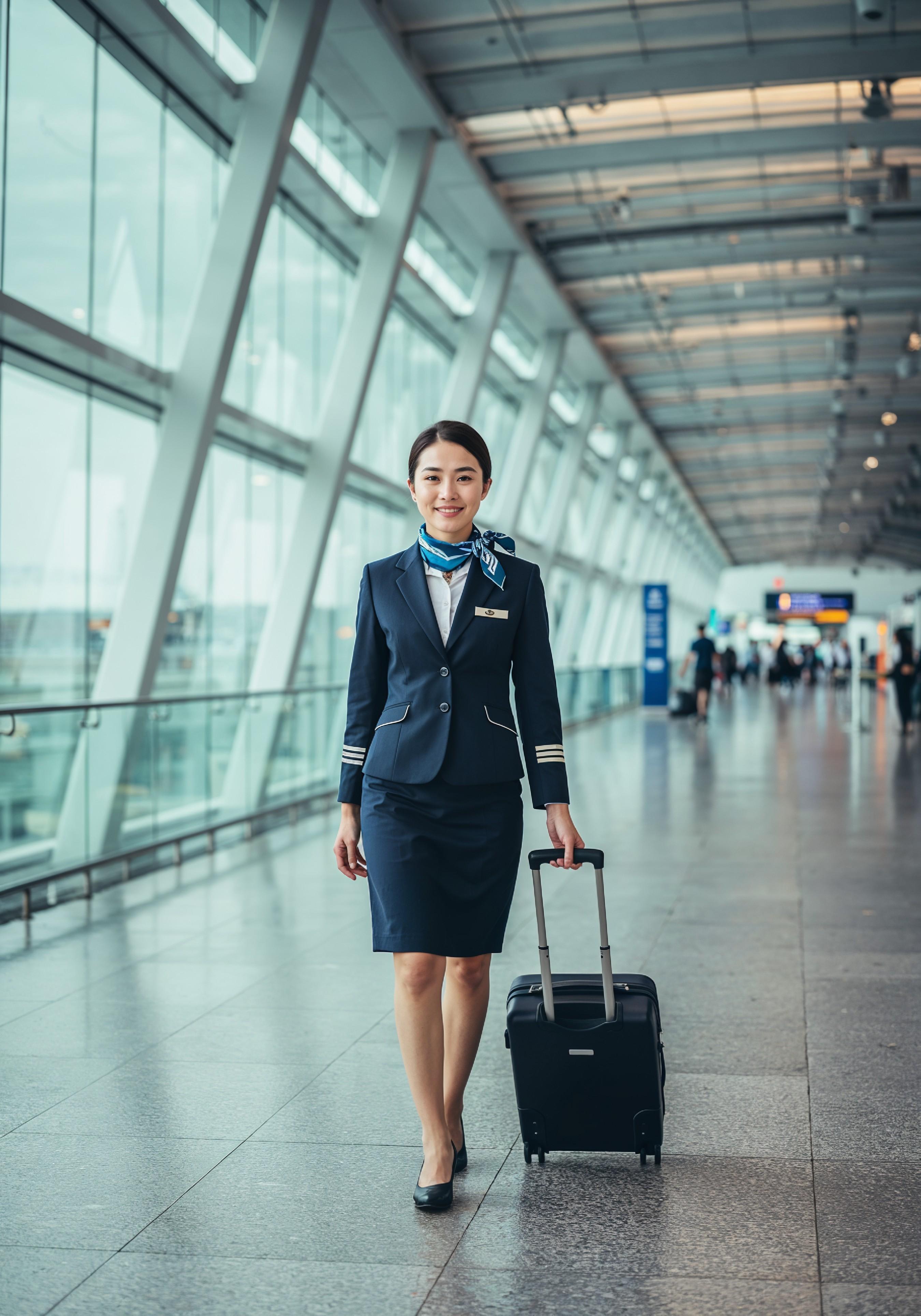 Professional Female Flight Attendant in Airline Uniform at Airport and Aircraft