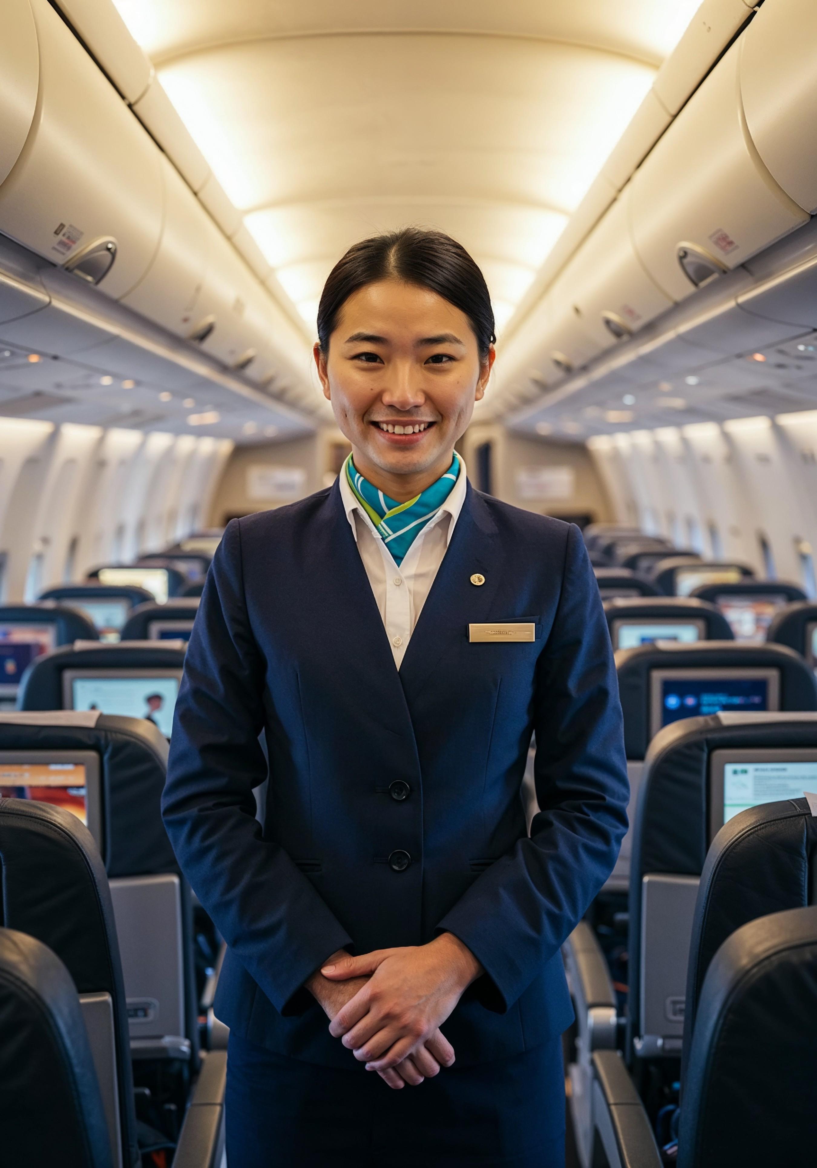 Professional Female Flight Attendant in Airline Uniform at Airport and Aircraft
