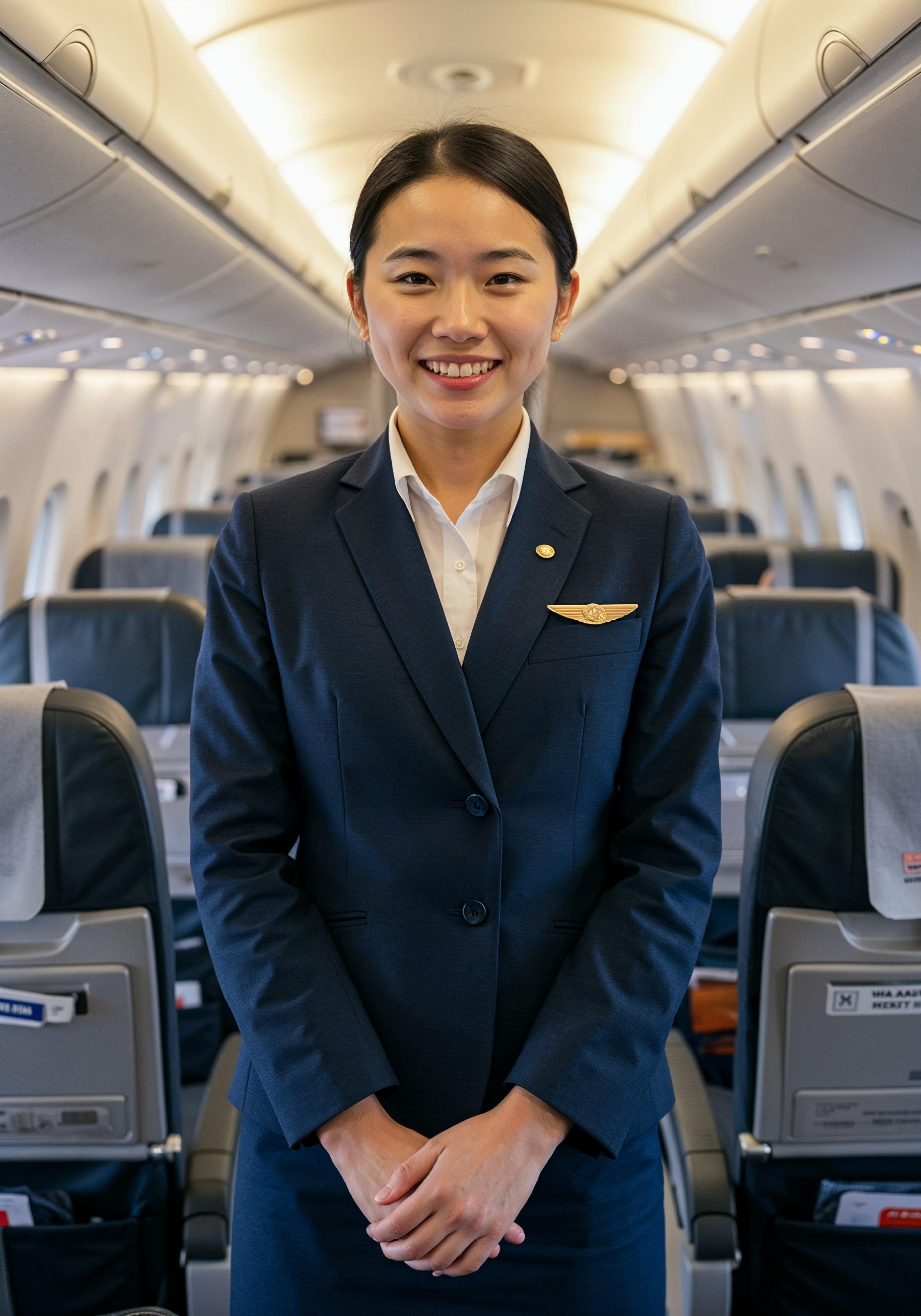 Professional Female Flight Attendant in Airline Uniform at Airport and Aircraft